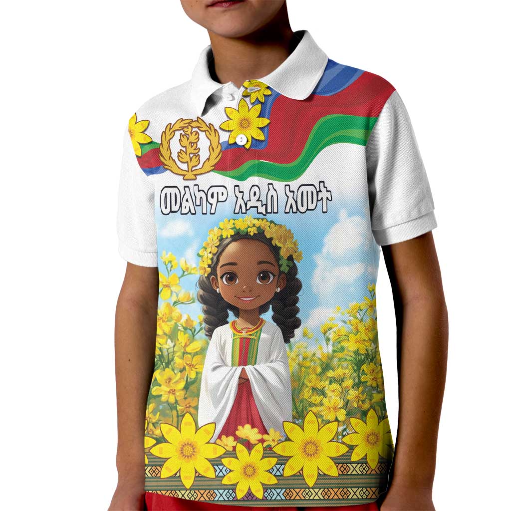 Happy Enkutatash Eritrea Personalized Kid Polo Shirt Beautiful Girl Adey Abeba Flower - Wonder Print Shop