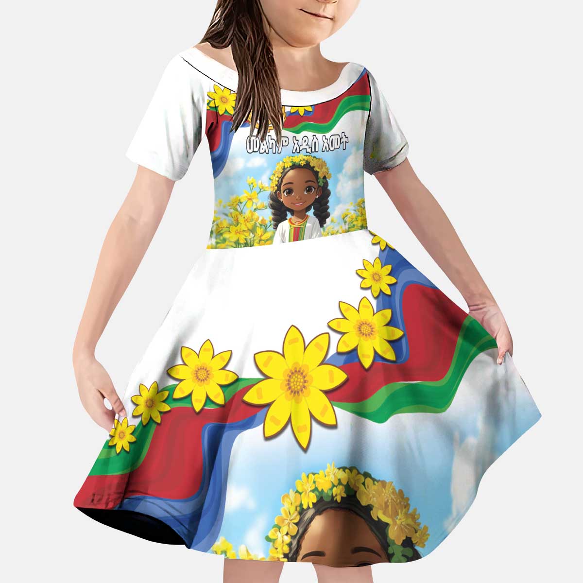 Happy Enkutatash Eritrea Personalized Kid Short Sleeve Dress Beautiful Girl Adey Abeba Flower - Wonder Print Shop