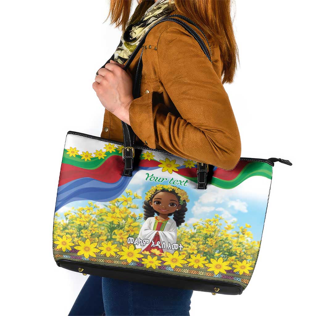 Happy Enkutatash Eritrea Personalized Leather Tote Bag Beautiful Girl Adey Abeba Flower - Wonder Print Shop
