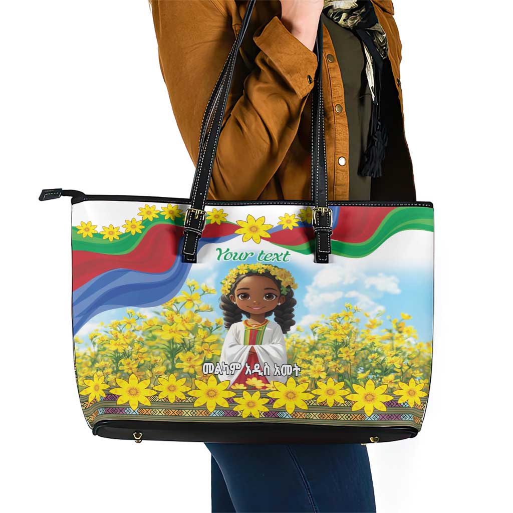 Happy Enkutatash Eritrea Personalized Leather Tote Bag Beautiful Girl Adey Abeba Flower - Wonder Print Shop