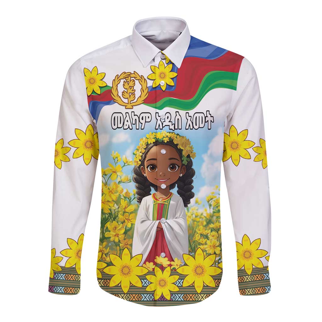Happy Enkutatash Eritrea Personalized Long Sleeve Button Shirt Beautiful Girl Adey Abeba Flower - Wonder Print Shop