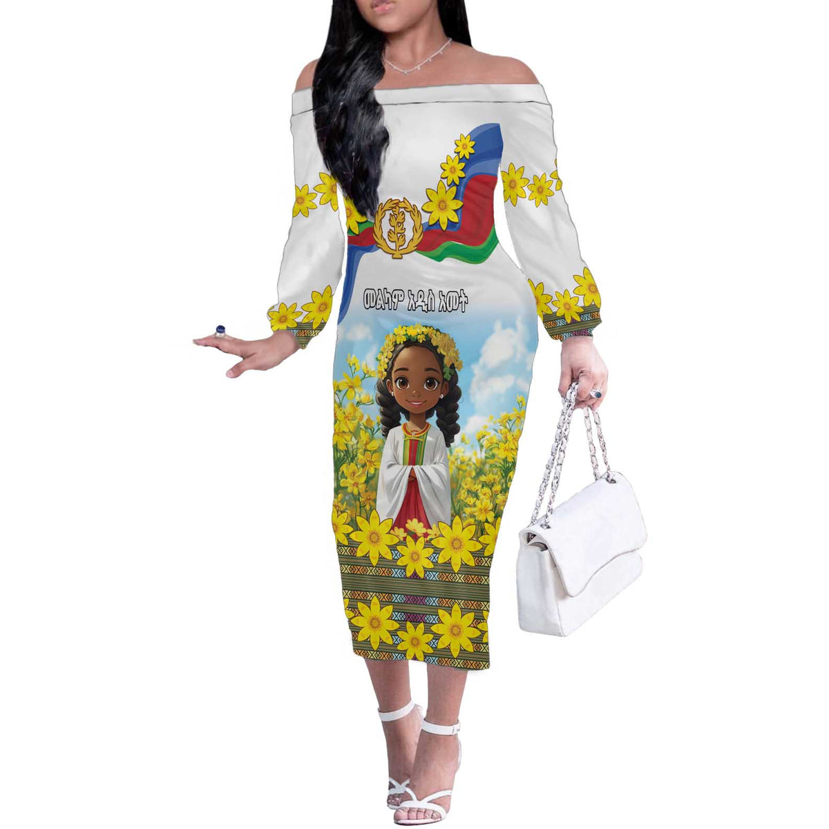 Happy Enkutatash Eritrea Personalized Off The Shoulder Long Sleeve Dress Beautiful Girl Adey Abeba Flower - Wonder Print Shop