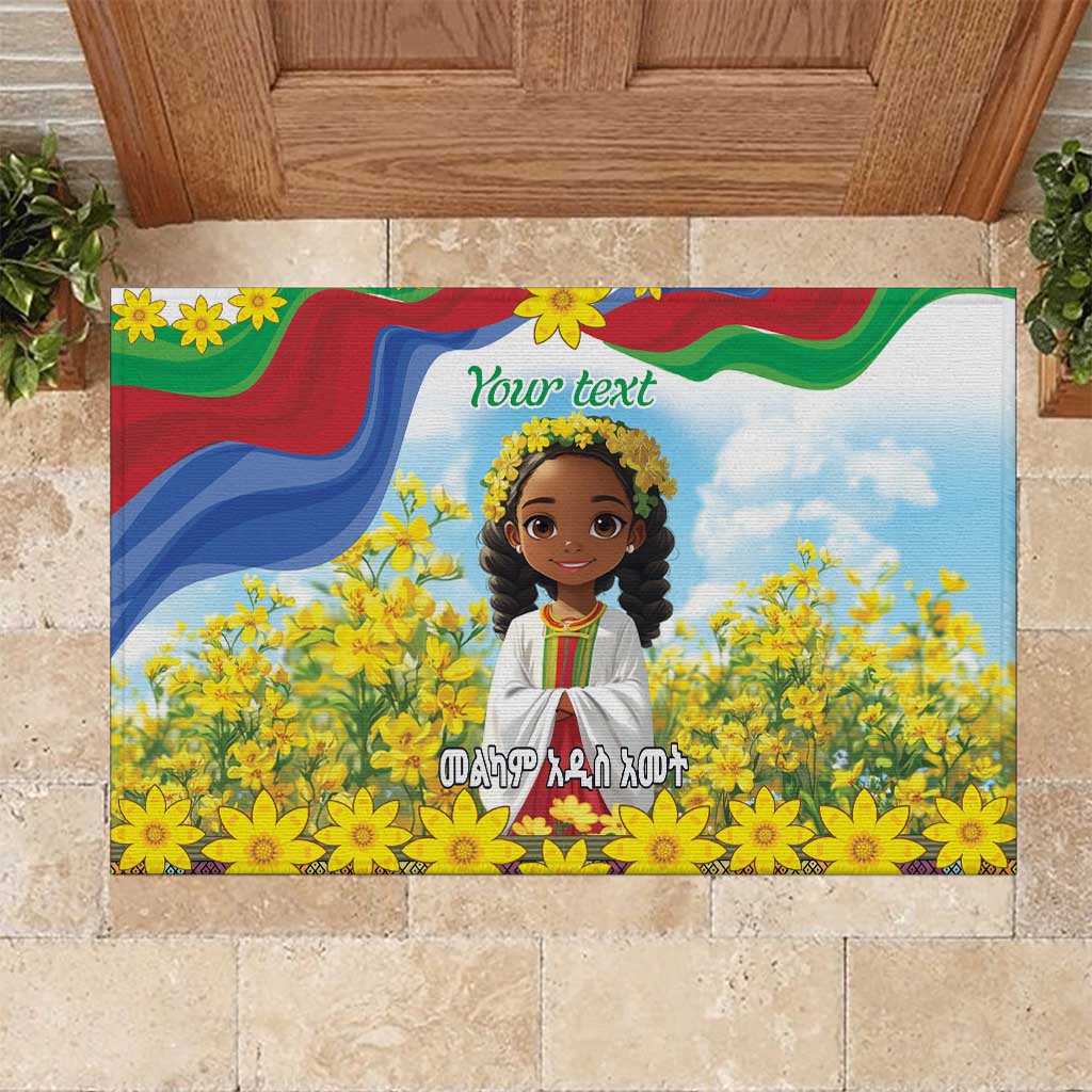 Happy Enkutatash Eritrea Personalized Rubber Doormat Beautiful Girl Adey Abeba Flower - Wonder Print Shop