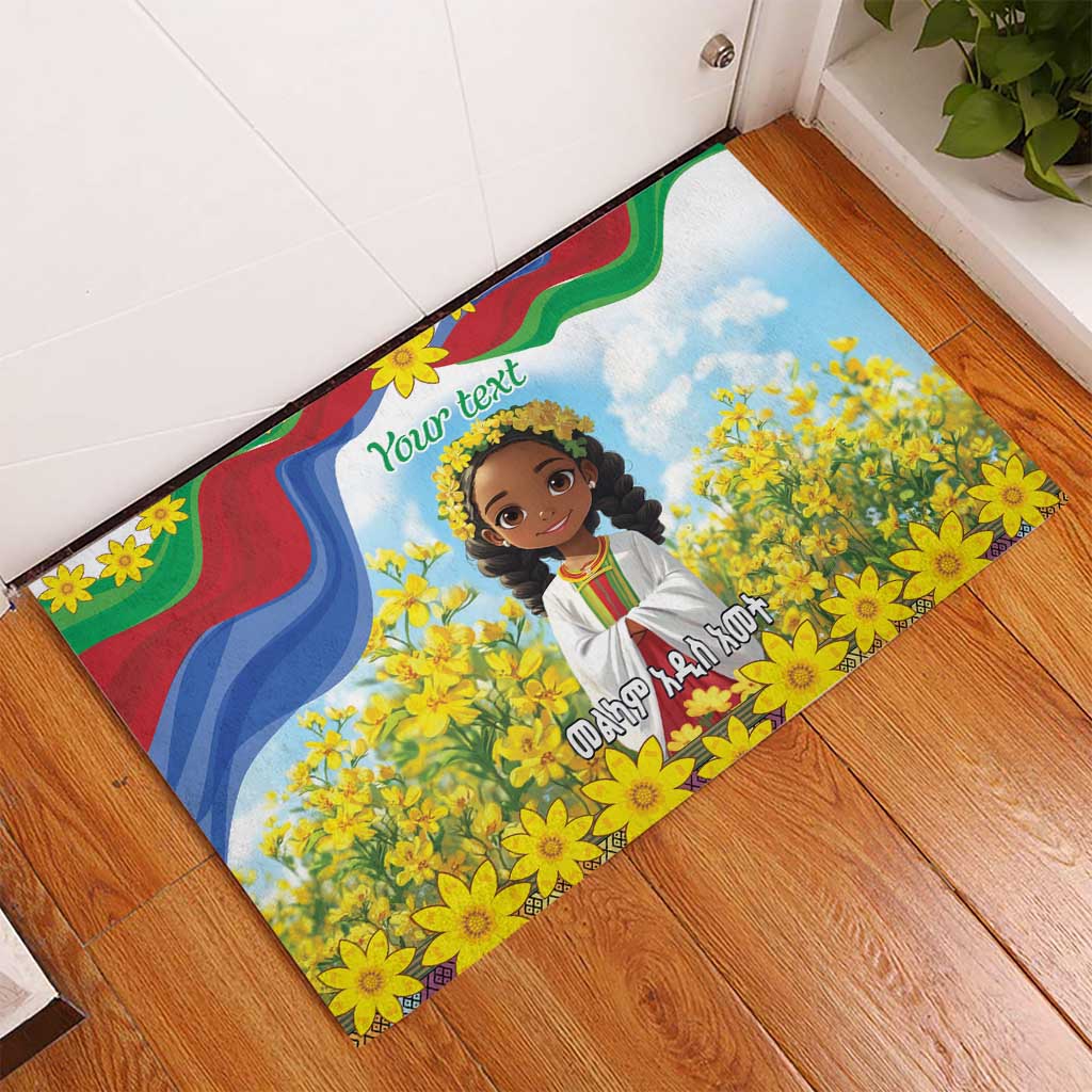 Happy Enkutatash Eritrea Personalized Rubber Doormat Beautiful Girl Adey Abeba Flower - Wonder Print Shop