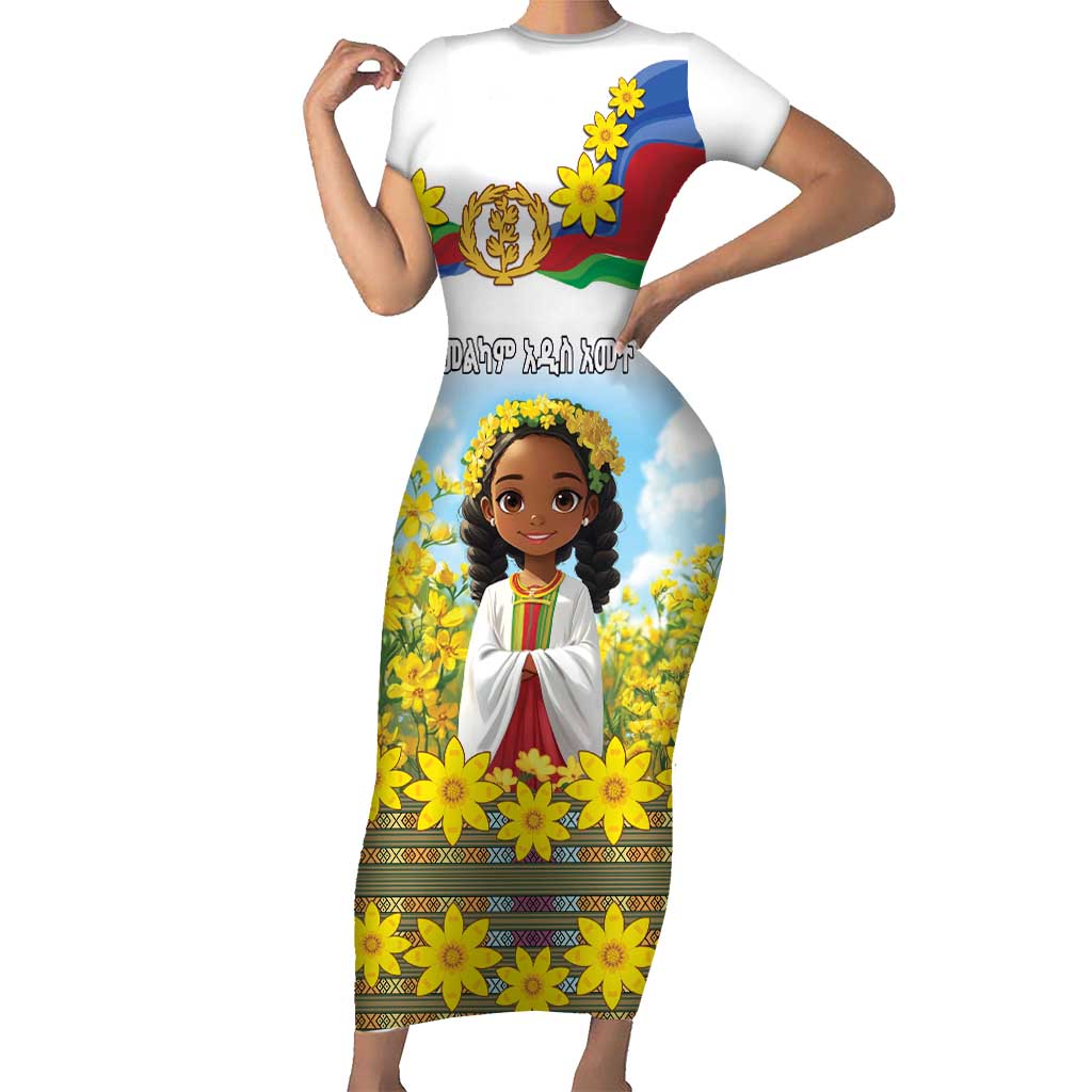 Happy Enkutatash Eritrea Personalized Short Sleeve Bodycon Dress Beautiful Girl Adey Abeba Flower - Wonder Print Shop
