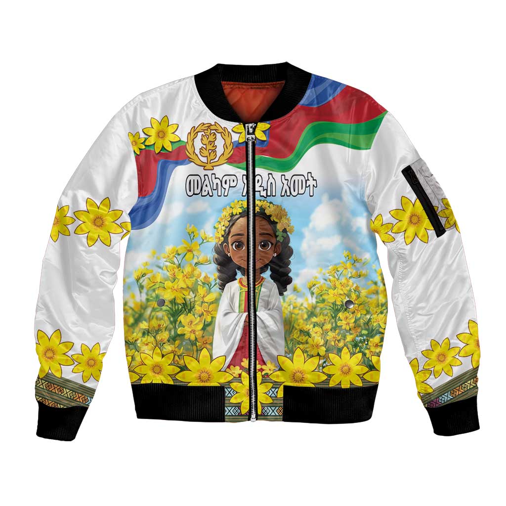 Happy Enkutatash Eritrea Personalized Sleeve Zip Bomber Jacket Beautiful Girl Adey Abeba Flower - Wonder Print Shop