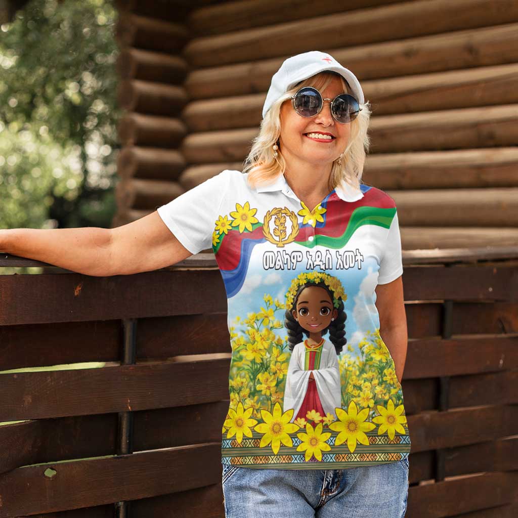 Happy Enkutatash Eritrea Personalized Women Polo Shirt Beautiful Girl Adey Abeba Flower - Wonder Print Shop