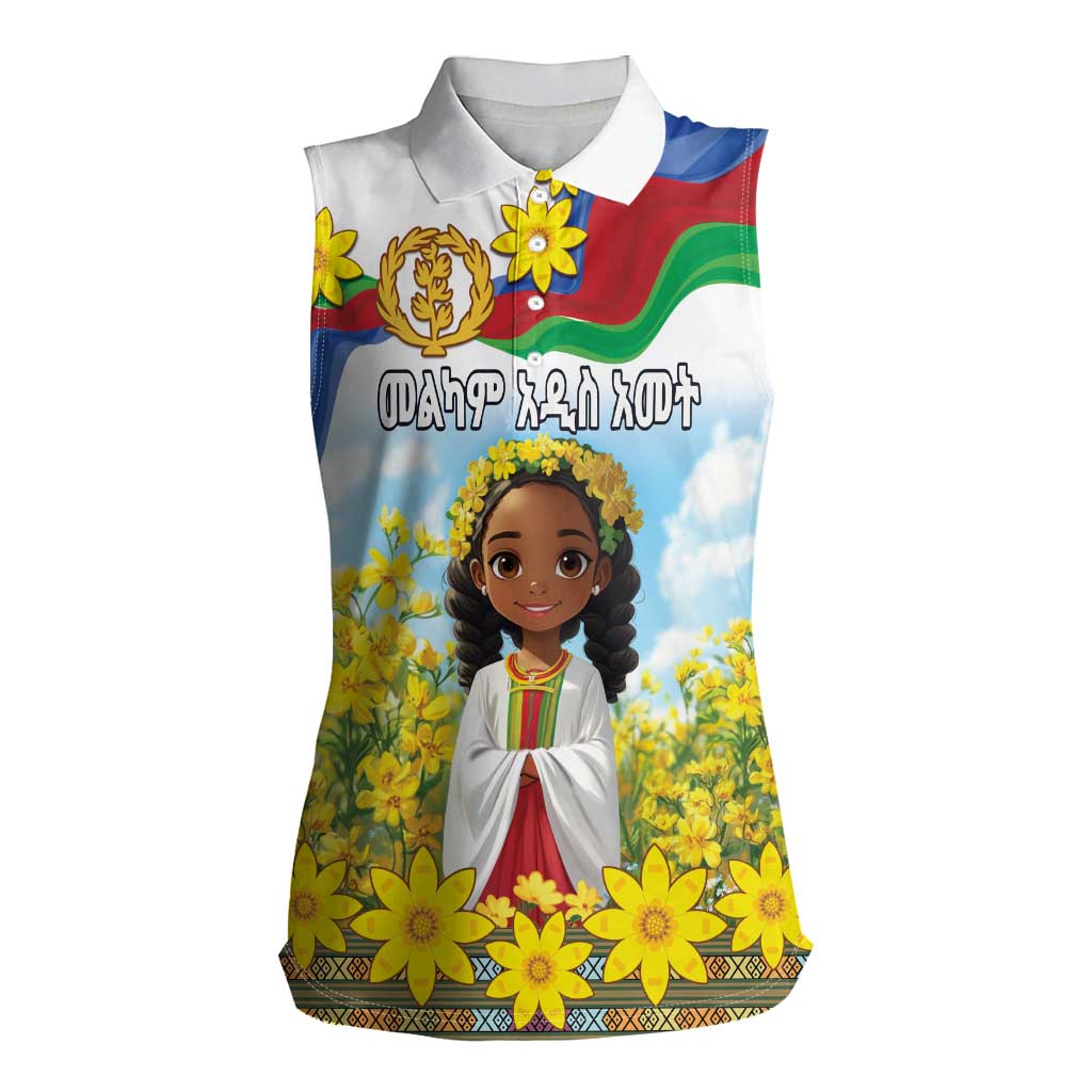 Happy Enkutatash Eritrea Personalized Women Sleeveless Polo Shirt Beautiful Girl Adey Abeba Flower - Wonder Print Shop