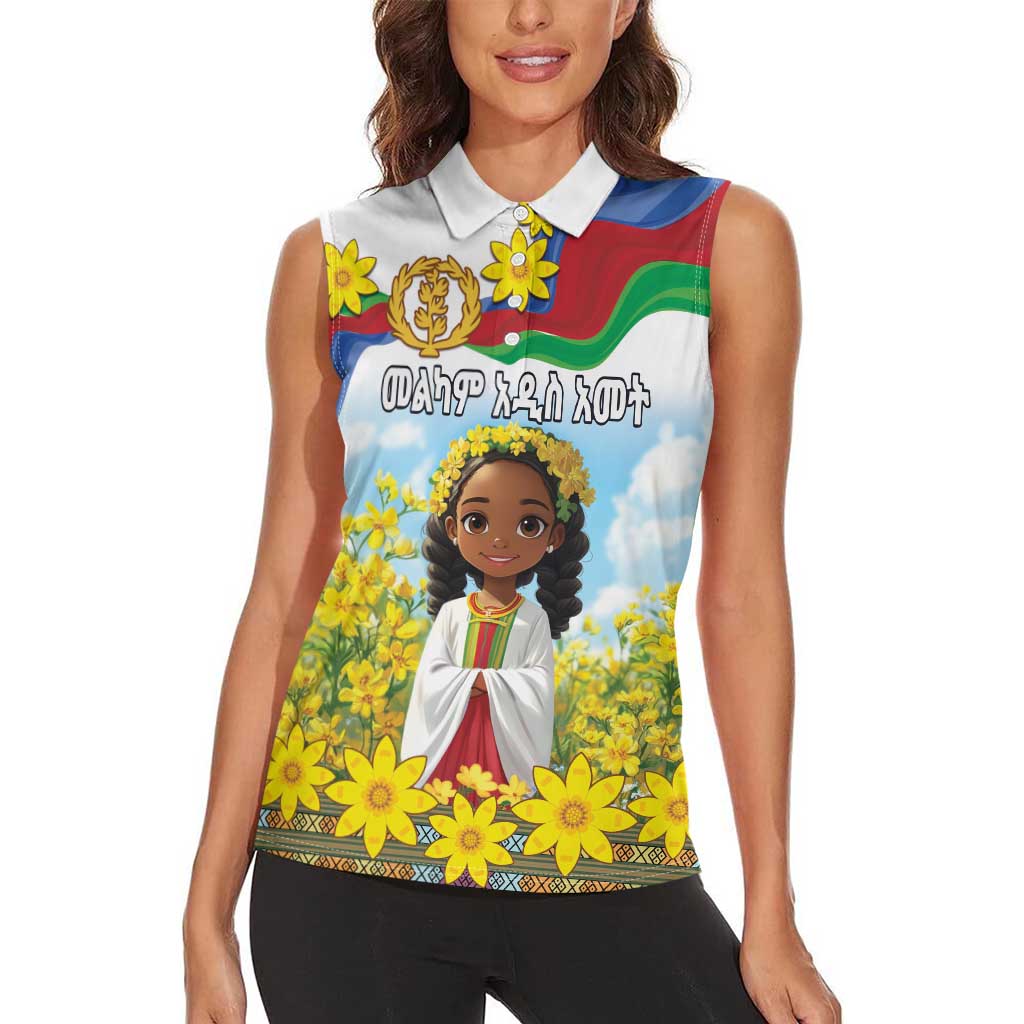 Happy Enkutatash Eritrea Personalized Women Sleeveless Polo Shirt Beautiful Girl Adey Abeba Flower - Wonder Print Shop