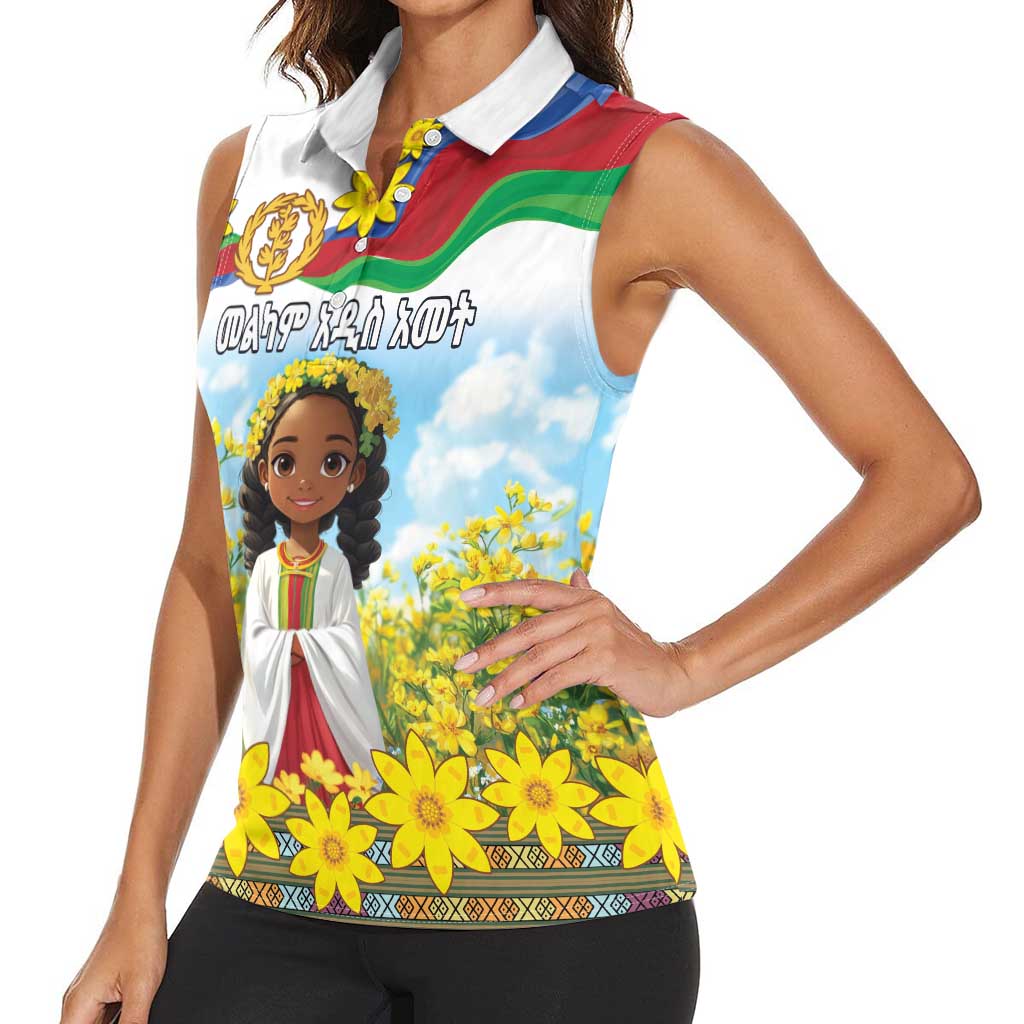 Happy Enkutatash Eritrea Personalized Women Sleeveless Polo Shirt Beautiful Girl Adey Abeba Flower - Wonder Print Shop