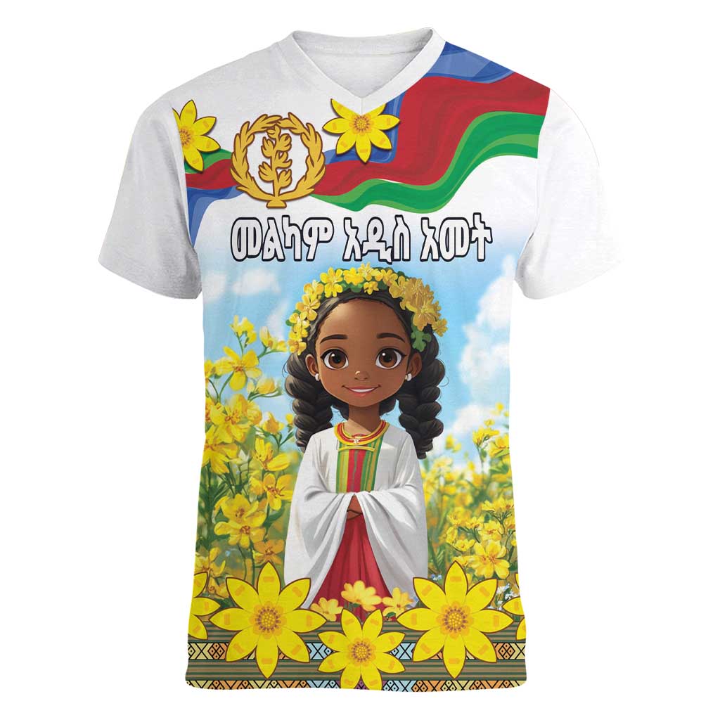 Happy Enkutatash Eritrea Personalized Women V-Neck T-Shirt Beautiful Girl Adey Abeba Flower - Wonder Print Shop