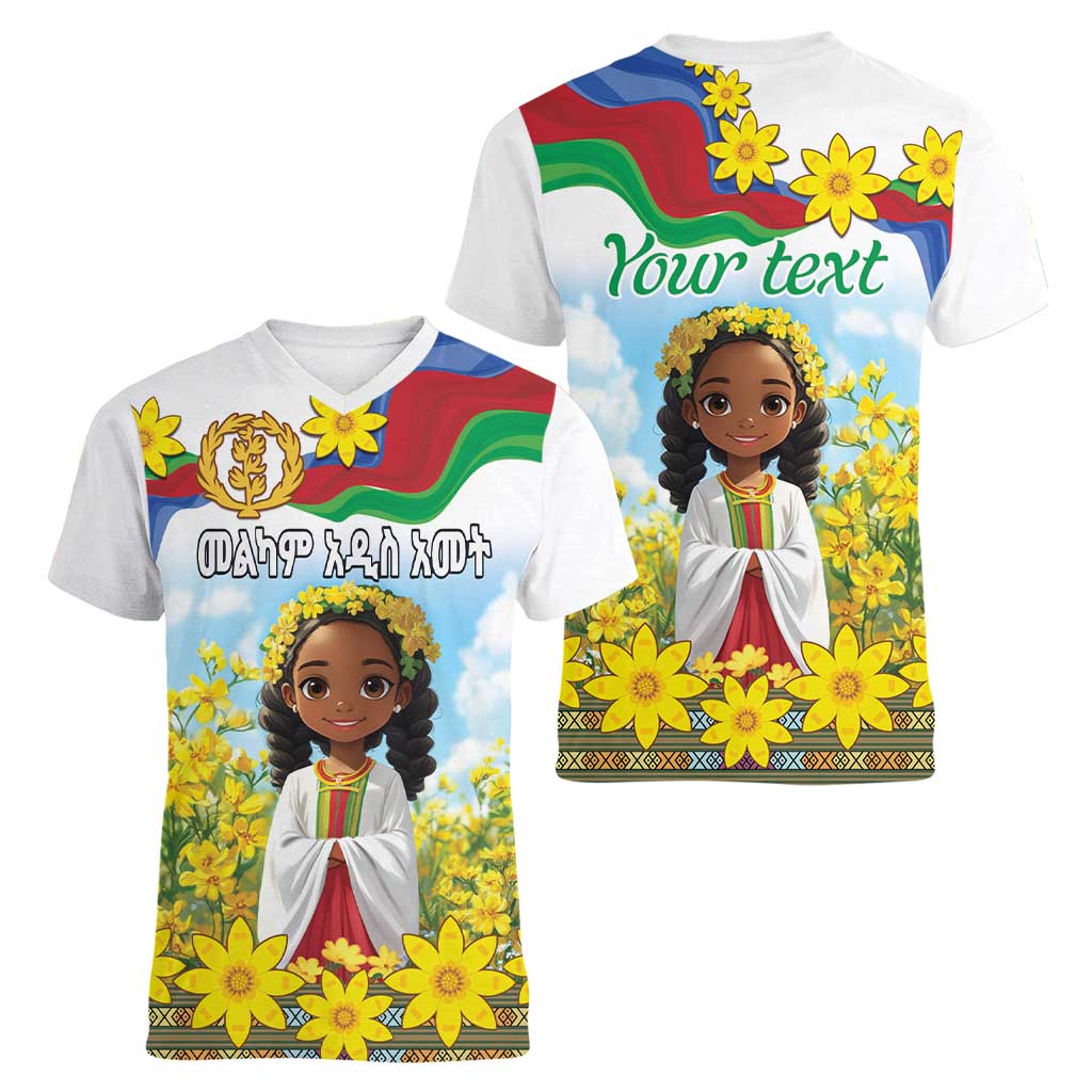 Happy Enkutatash Eritrea Personalized Women V-Neck T-Shirt Beautiful Girl Adey Abeba Flower - Wonder Print Shop