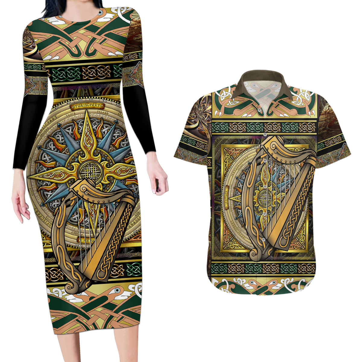 Ireland Shamrock Couples Matching Long Sleeve Bodycon Dress and Hawaiian Shirt Celtic Knot Traditional Irish Symbol LT9 - Wonder Print Shop