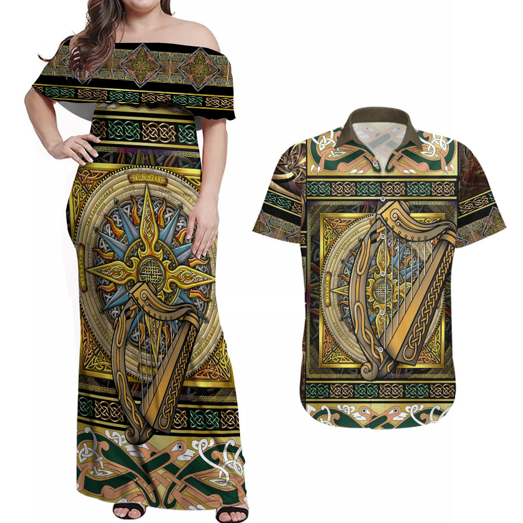 Ireland Shamrock Couples Matching Off Shoulder Maxi Dress and Hawaiian Shirt Celtic Knot Traditional Irish Symbol LT9 - Wonder Print Shop