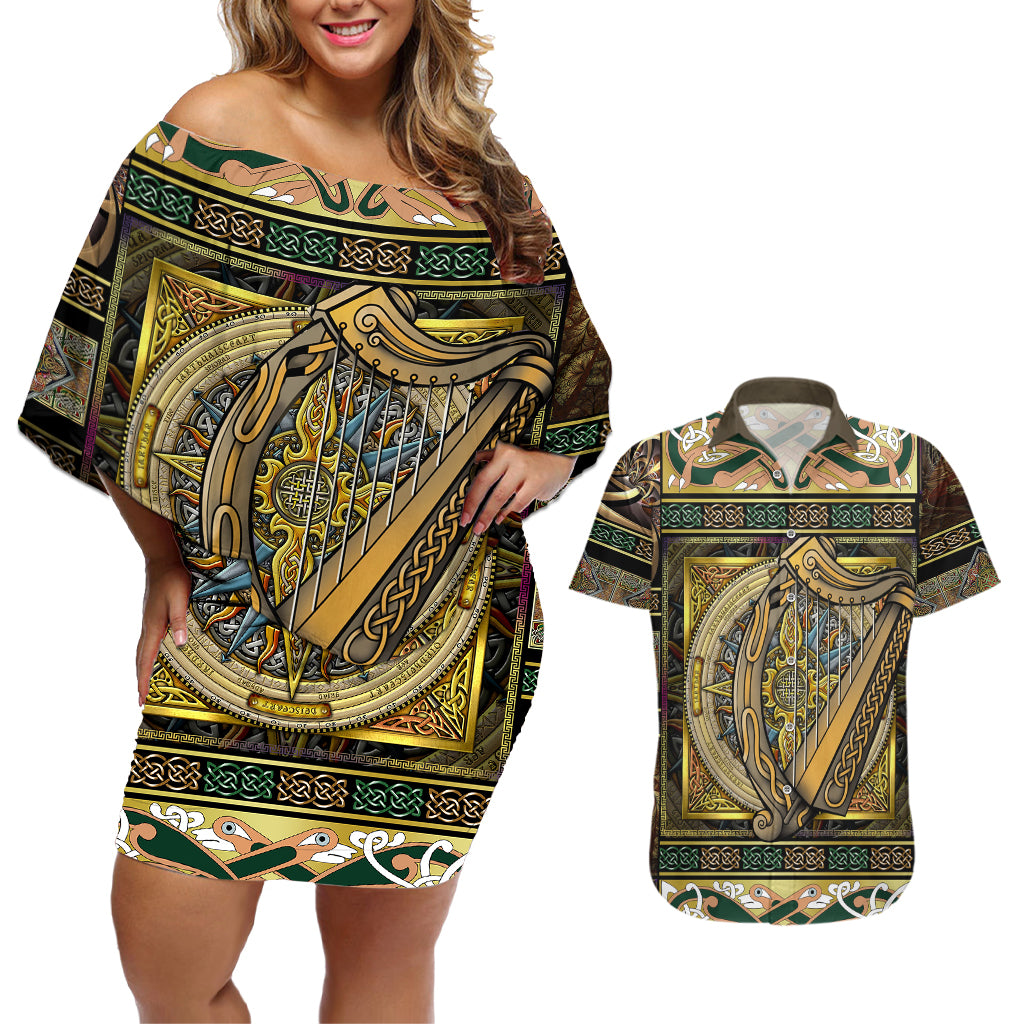 Ireland Shamrock Couples Matching Off Shoulder Short Dress and Hawaiian Shirt Celtic Knot Traditional Irish Symbol LT9 - Wonder Print Shop