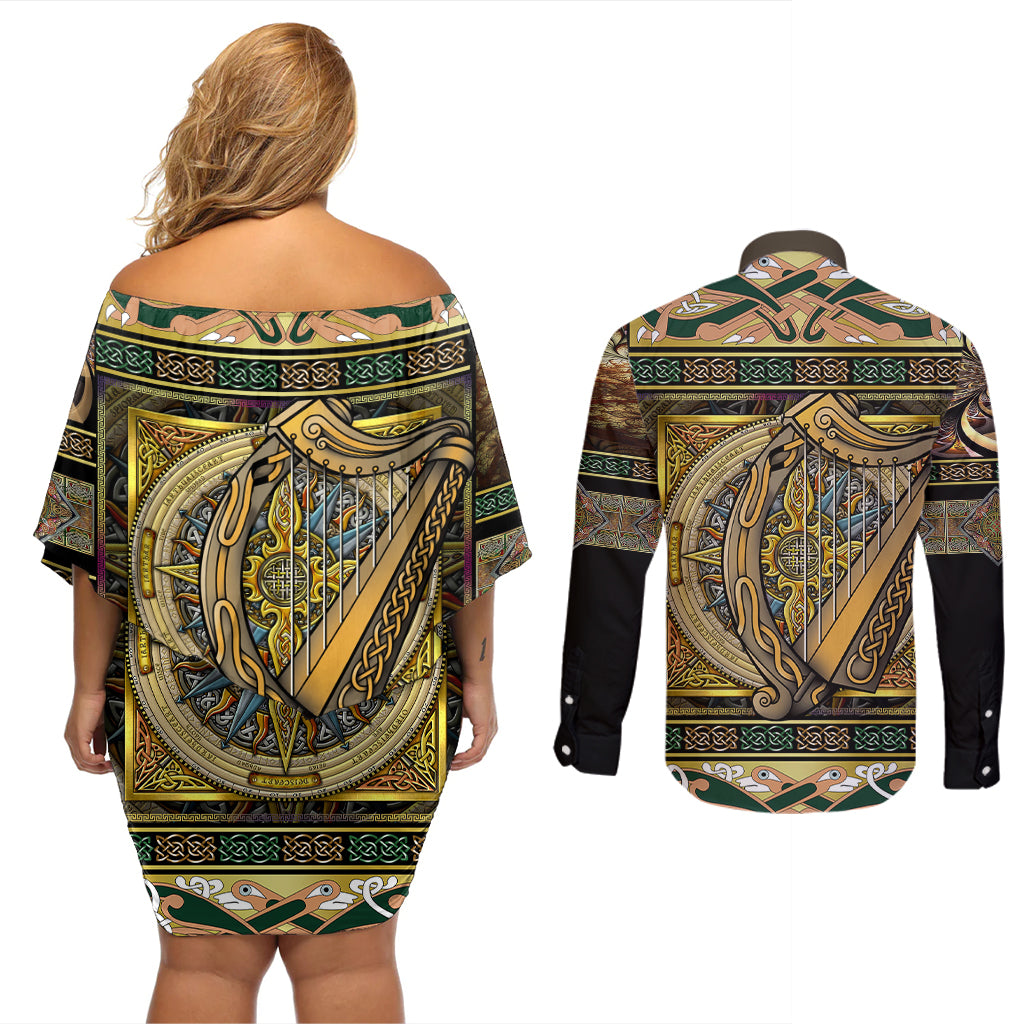 Ireland Shamrock Couples Matching Off Shoulder Short Dress and Long Sleeve Button Shirts Celtic Knot Traditional Irish Symbol LT9 - Wonder Print Shop