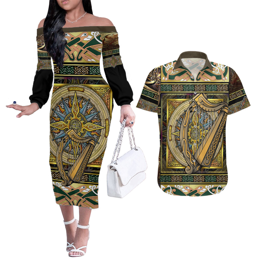 Ireland Shamrock Couples Matching Off The Shoulder Long Sleeve Dress and Hawaiian Shirt Celtic Knot Traditional Irish Symbol LT9 - Wonder Print Shop