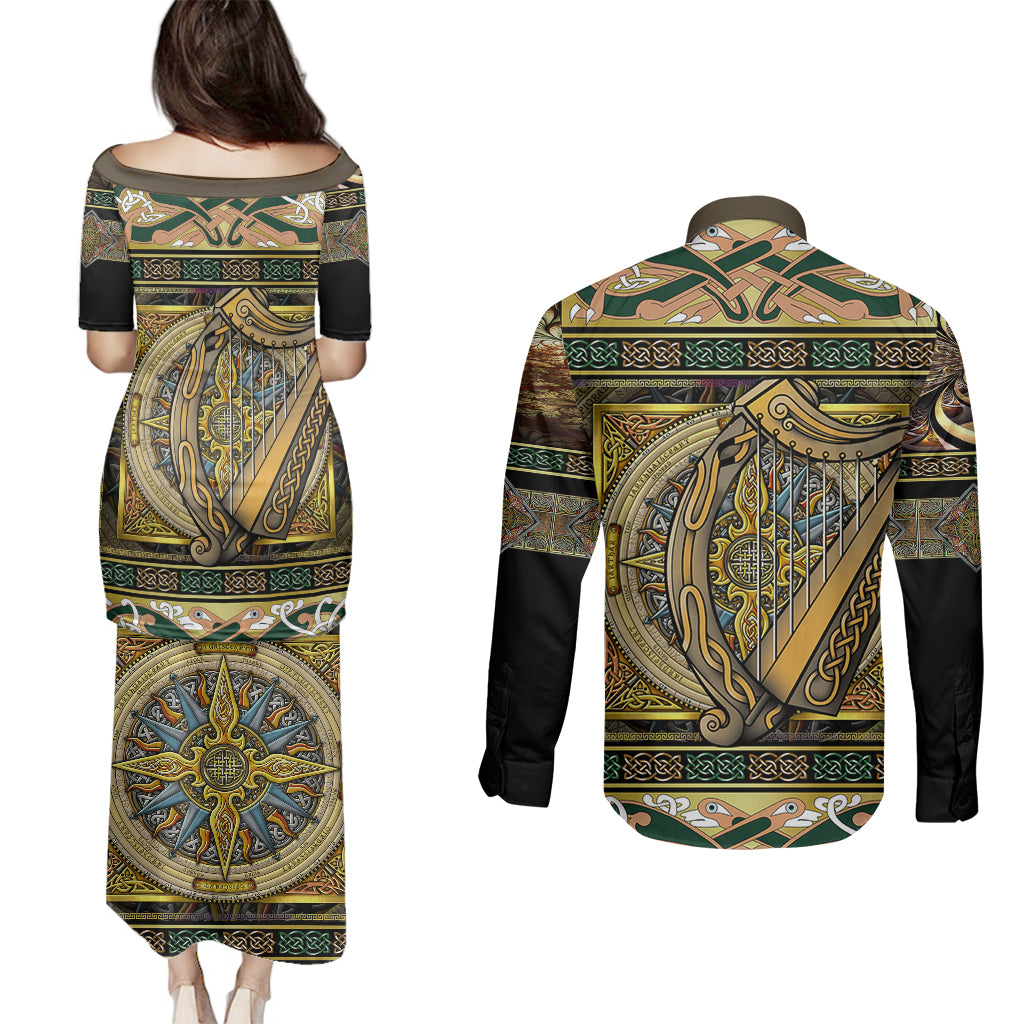 Ireland Shamrock Couples Matching Puletasi Dress and Long Sleeve Button Shirts Celtic Knot Traditional Irish Symbol LT9 - Wonder Print Shop