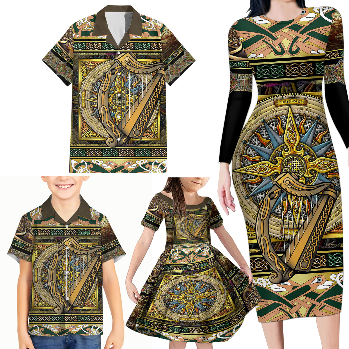 Ireland Shamrock Family Matching Long Sleeve Bodycon Dress and Hawaiian Shirt Celtic Knot Traditional Irish Symbol LT9 - Wonder Print Shop