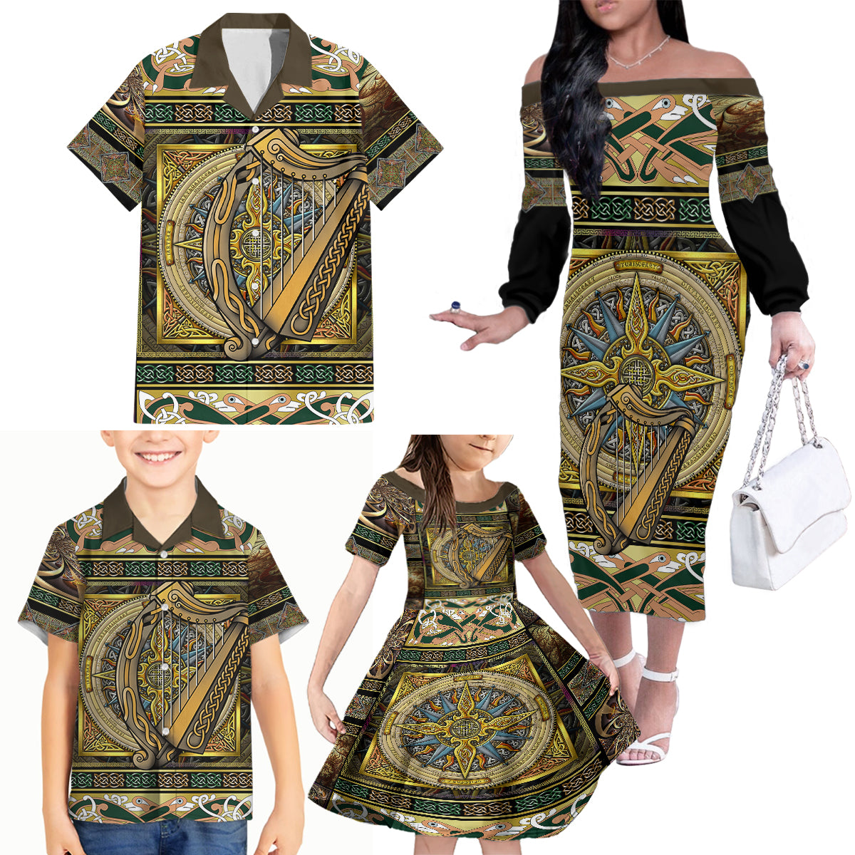 Ireland Shamrock Family Matching Off Shoulder Long Sleeve Dress and Hawaiian Shirt Celtic Knot Traditional Irish Symbol - Wonder Print Shop