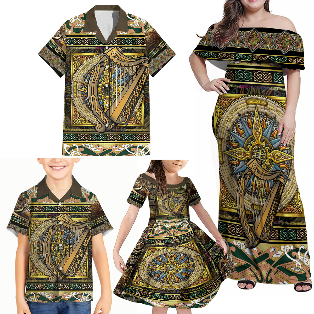 Ireland Shamrock Family Matching Off Shoulder Maxi Dress and Hawaiian Shirt Celtic Knot Traditional Irish Symbol LT9 - Wonder Print Shop