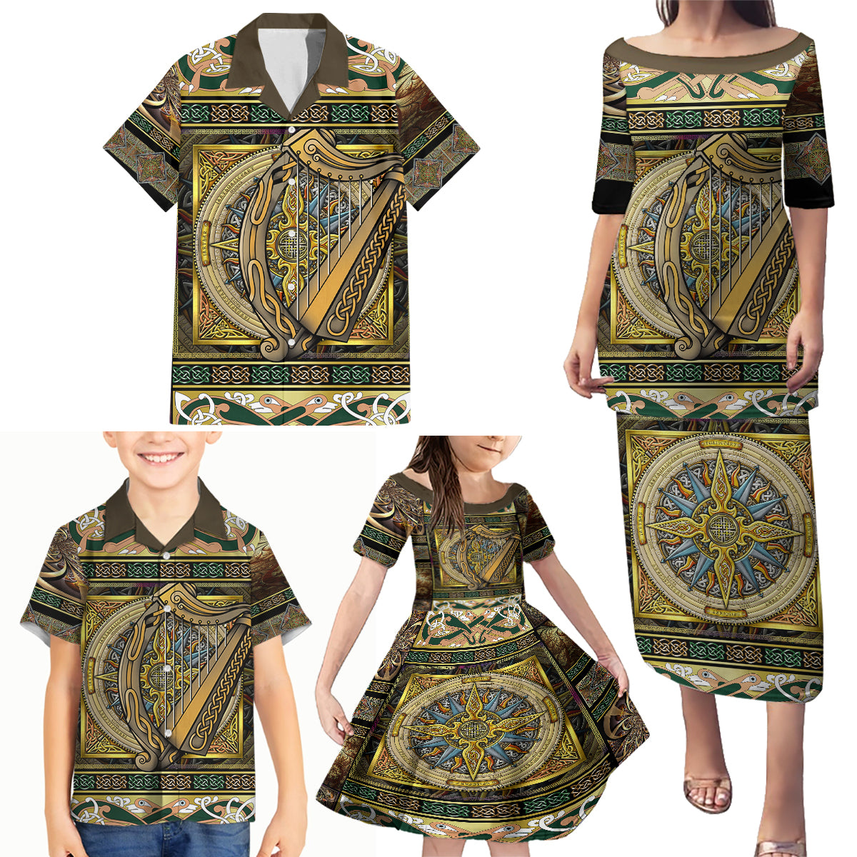 Ireland Shamrock Family Matching Puletasi Dress and Hawaiian Shirt Celtic Knot Traditional Irish Symbol - Wonder Print Shop