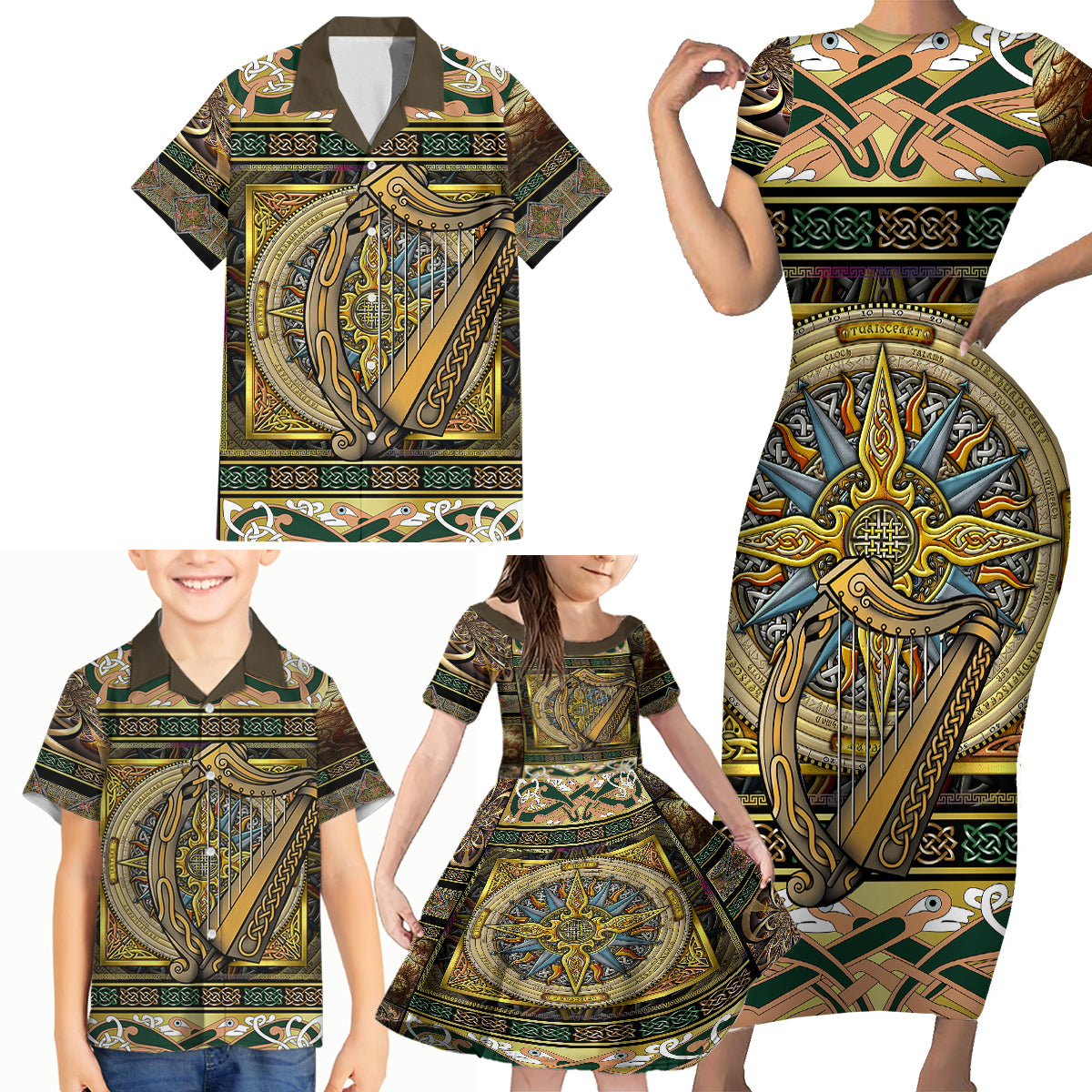 Ireland Shamrock Family Matching Short Sleeve Bodycon Dress and Hawaiian Shirt Celtic Knot Traditional Irish Symbol - Wonder Print Shop
