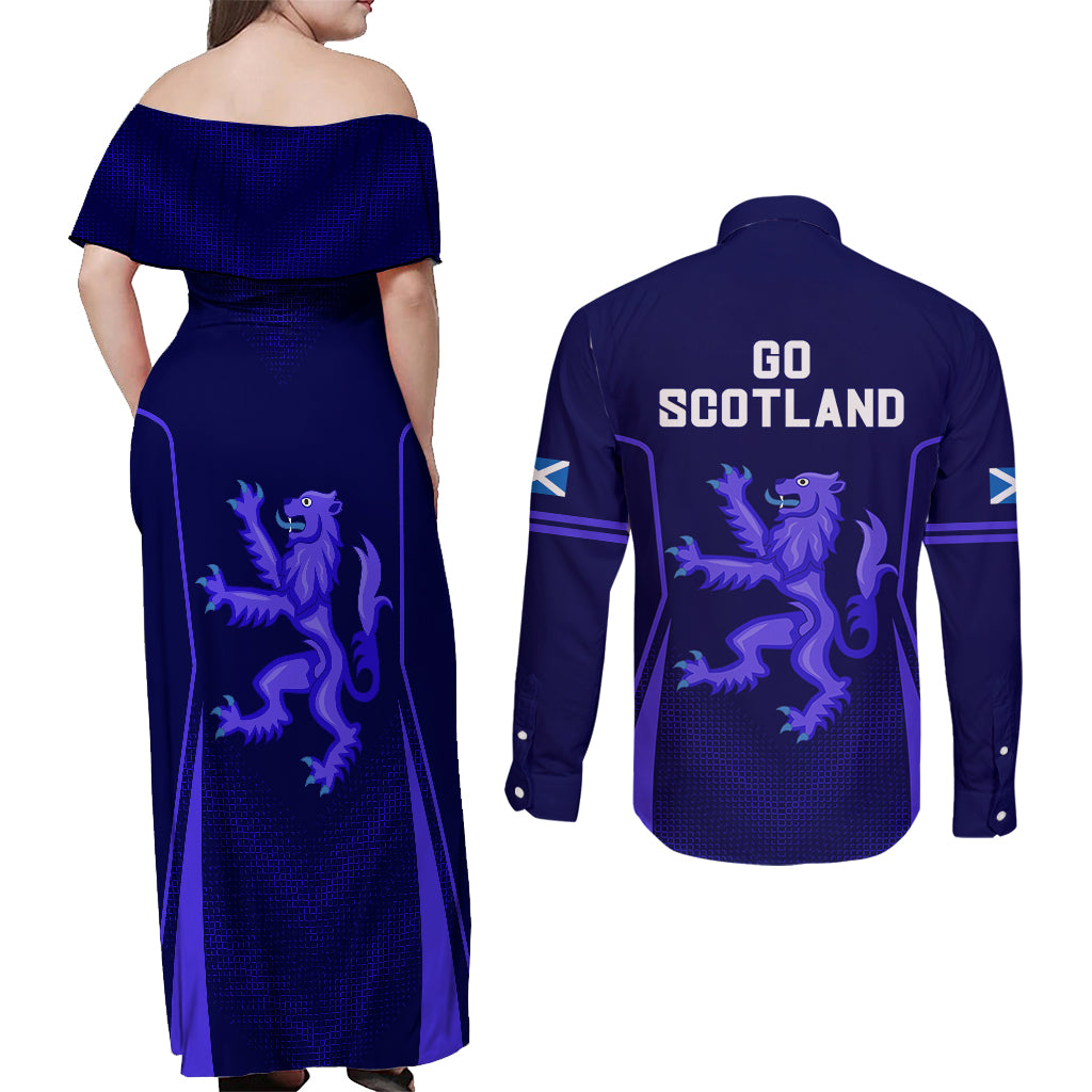 Scotland Rugby Couples Matching Off Shoulder Maxi Dress and Long Sleeve Button Shirts Scottish Thistle World Cup 2023 LT9 - Wonder Print Shop