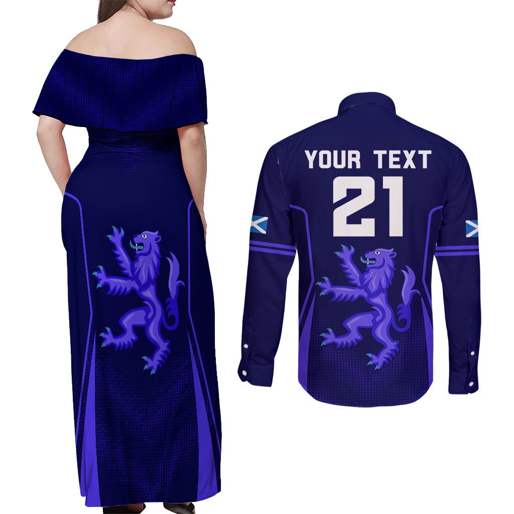 Custom Scotland Rugby Couples Matching Off Shoulder Maxi Dress and Long Sleeve Button Shirts Scottish Thistle World Cup 2023 LT9 - Wonder Print Shop