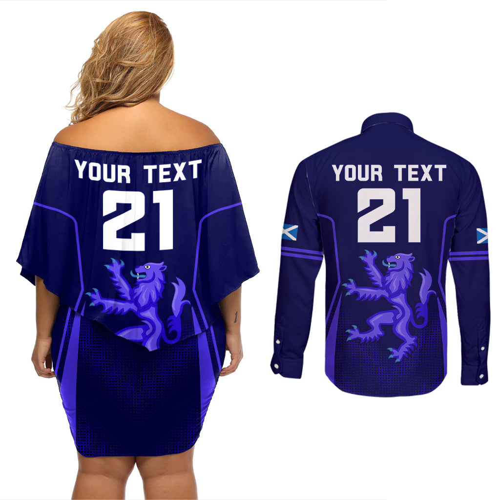 Custom Scotland Rugby Couples Matching Off Shoulder Short Dress and Long Sleeve Button Shirts Scottish Thistle World Cup 2023 LT9 - Wonder Print Shop