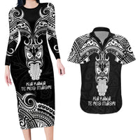 New Zealand Te Reo Maori Couples Matching Long Sleeve Bodycon Dress and Hawaiian Shirt Kia Kaha Maori Language Week Black Style LT9 - Wonder Print Shop