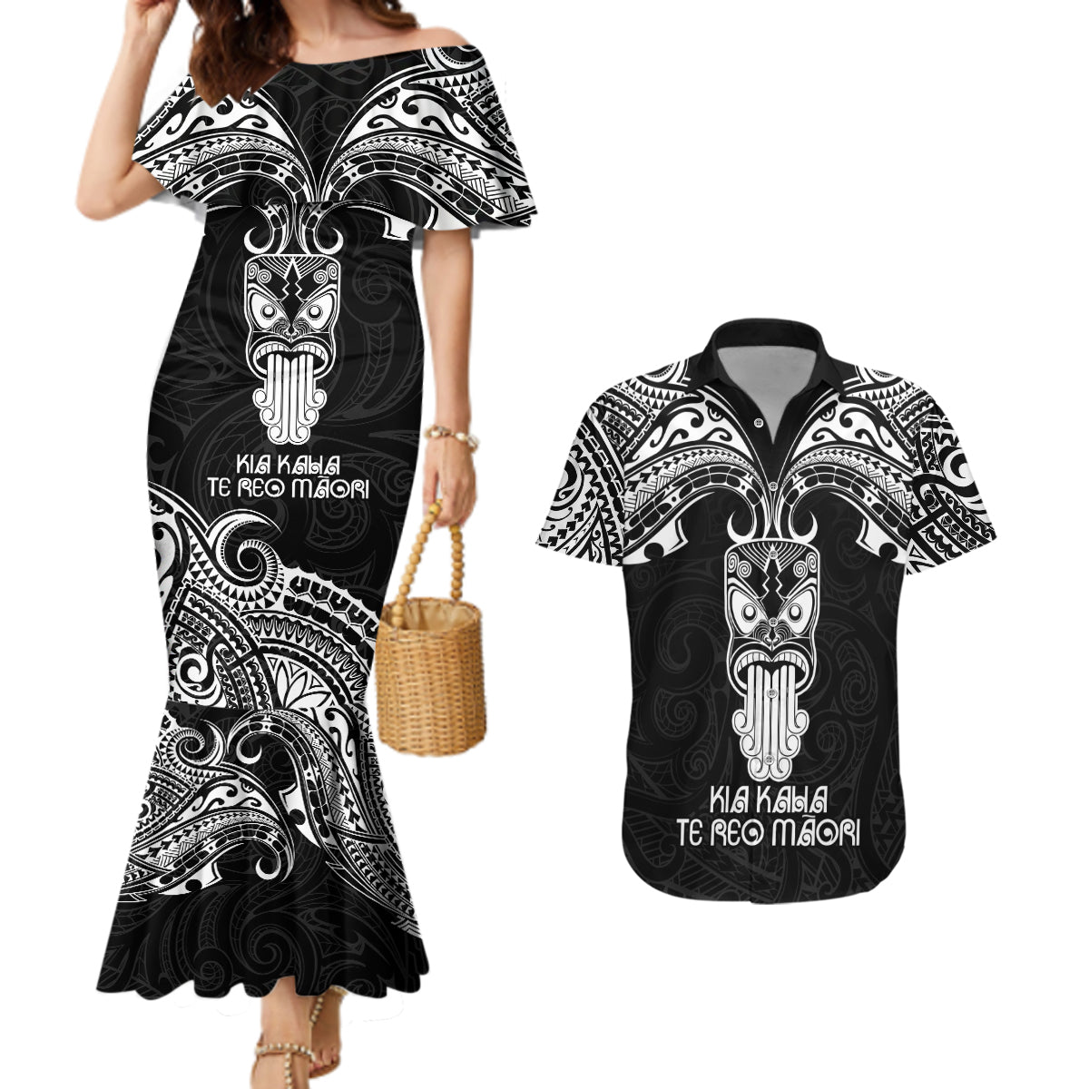 New Zealand Te Reo Maori Couples Matching Mermaid Dress and Hawaiian Shirt Kia Kaha Maori Language Week Black Style LT9 - Wonder Print Shop