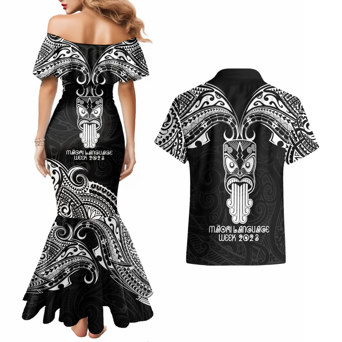 New Zealand Te Reo Maori Couples Matching Mermaid Dress and Hawaiian Shirt Kia Kaha Maori Language Week Black Style LT9 - Wonder Print Shop