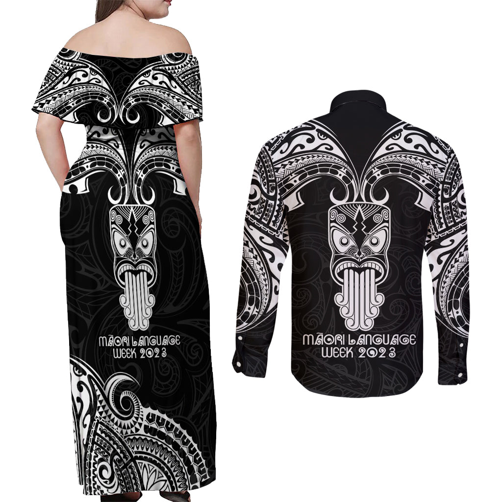 New Zealand Te Reo Maori Couples Matching Off Shoulder Maxi Dress and Long Sleeve Button Shirts Kia Kaha Maori Language Week Black Style LT9 - Wonder Print Shop