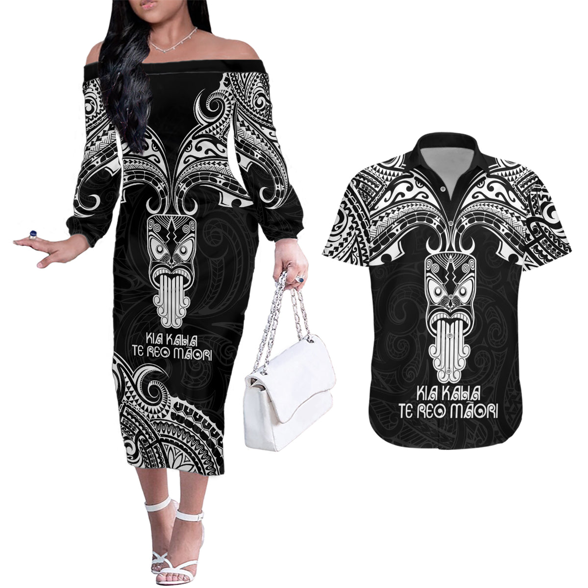New Zealand Te Reo Maori Couples Matching Off The Shoulder Long Sleeve Dress and Hawaiian Shirt Kia Kaha Maori Language Week Black Style LT9 - Wonder Print Shop
