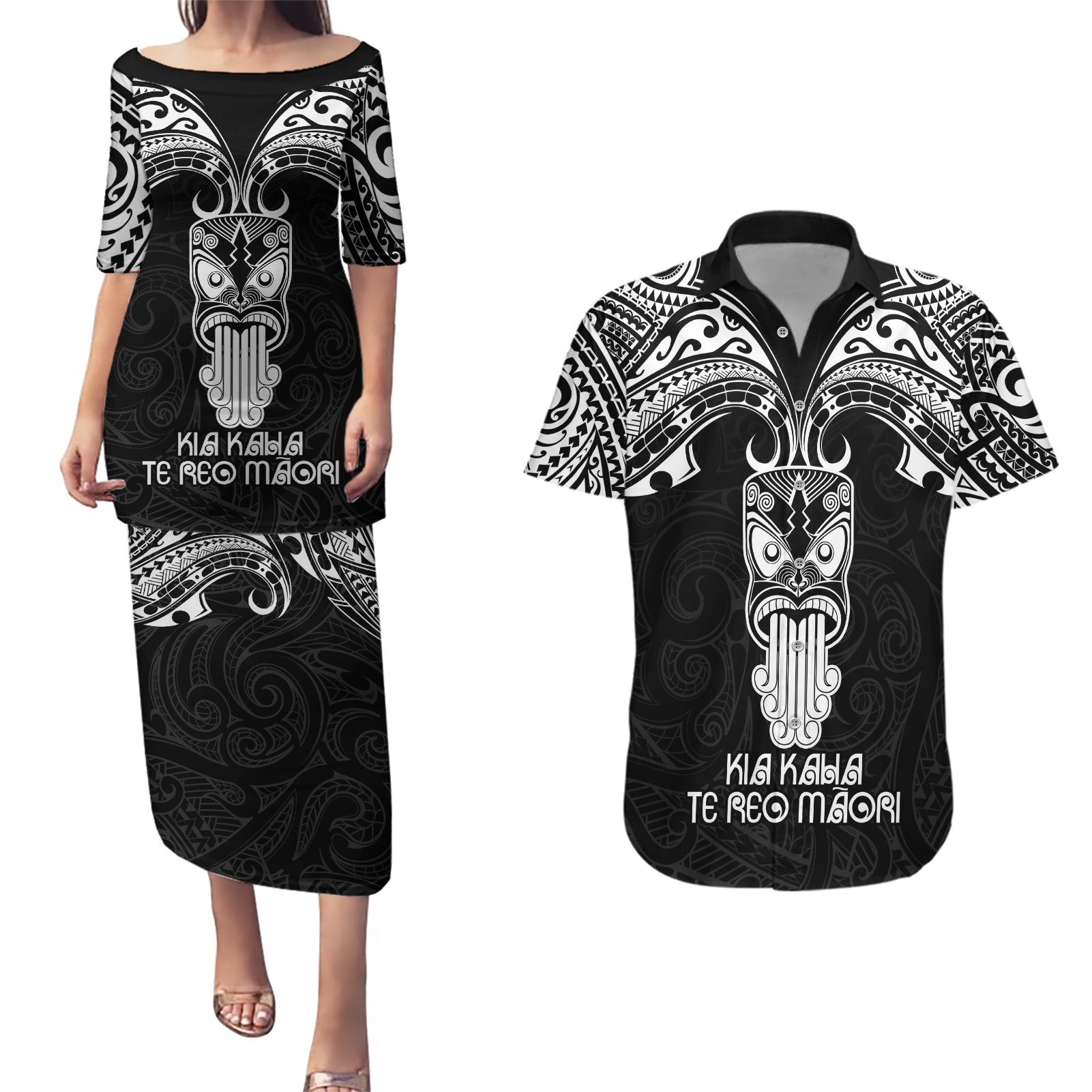 New Zealand Te Reo Maori Couples Matching Puletasi Dress and Hawaiian Shirt Kia Kaha Maori Language Week Black Style LT9 - Wonder Print Shop