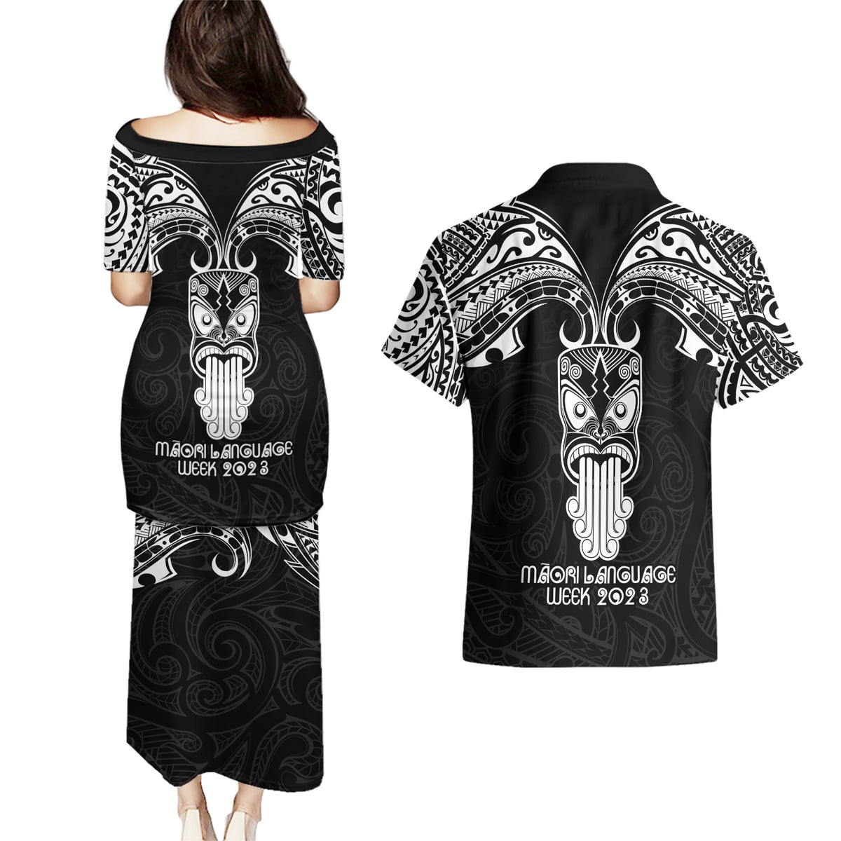 New Zealand Te Reo Maori Couples Matching Puletasi Dress and Hawaiian Shirt Kia Kaha Maori Language Week Black Style LT9 - Wonder Print Shop