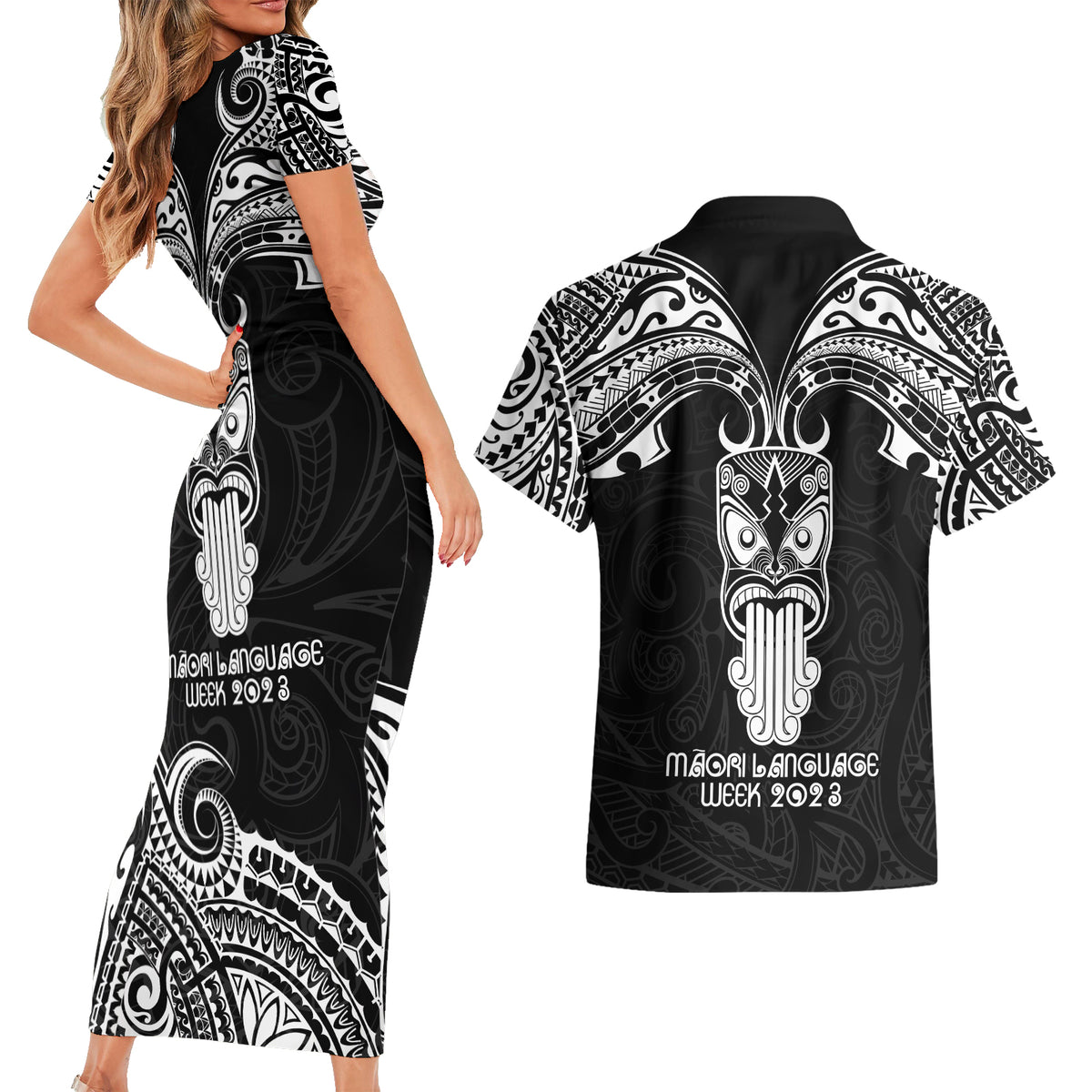 New Zealand Te Reo Maori Couples Matching Short Sleeve Bodycon Dress and Hawaiian Shirt Kia Kaha Maori Language Week Black Style LT9 - Wonder Print Shop