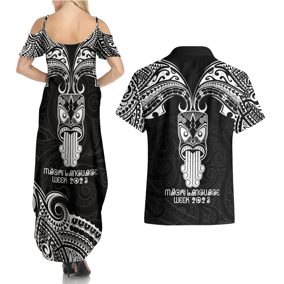 New Zealand Te Reo Maori Couples Matching Summer Maxi Dress and Hawaiian Shirt Kia Kaha Maori Language Week Black Style LT9 - Wonder Print Shop