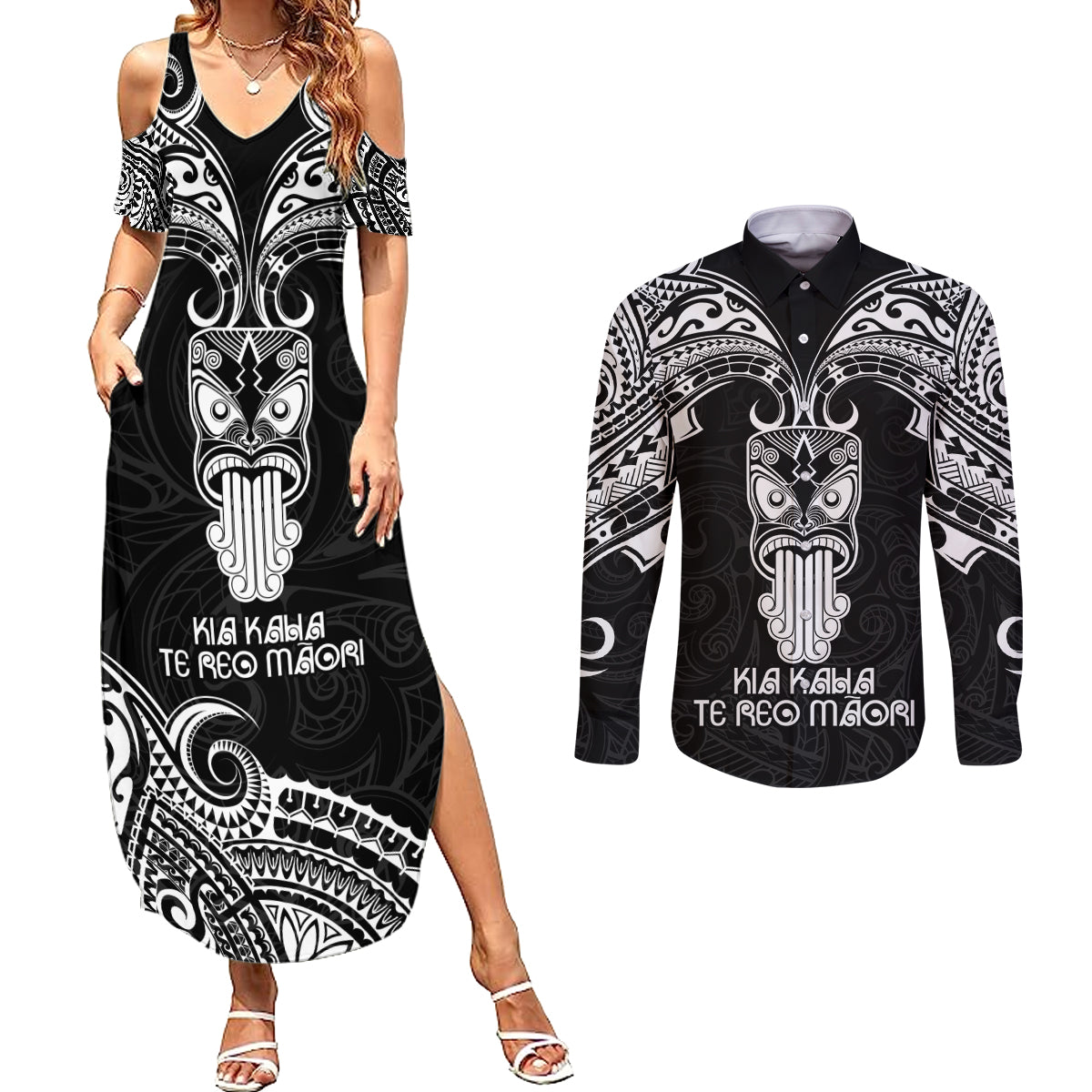 New Zealand Te Reo Maori Couples Matching Summer Maxi Dress and Long Sleeve Button Shirts Kia Kaha Maori Language Week Black Style LT9 - Wonder Print Shop