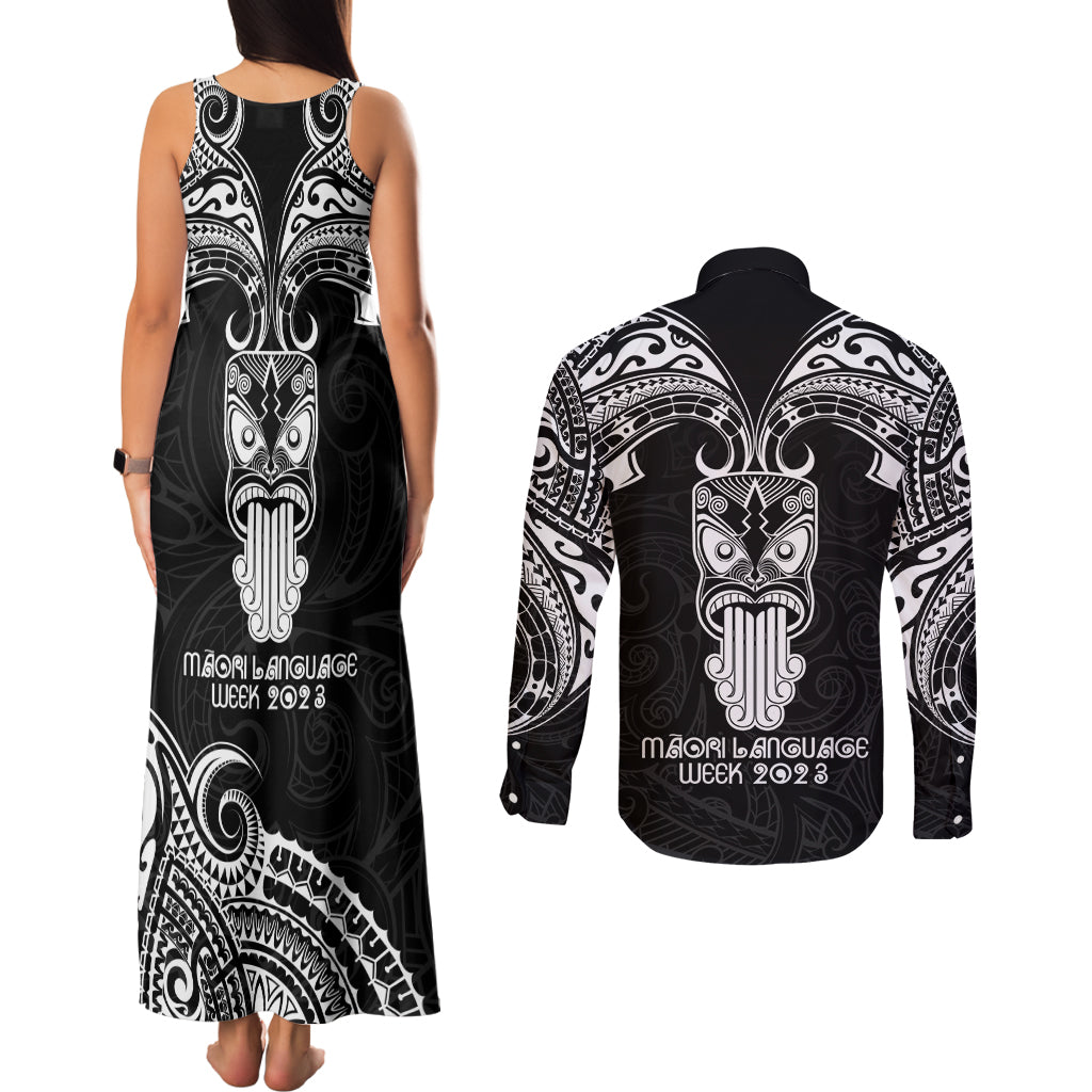 New Zealand Te Reo Maori Couples Matching Tank Maxi Dress and Long Sleeve Button Shirts Kia Kaha Maori Language Week Black Style LT9 - Wonder Print Shop