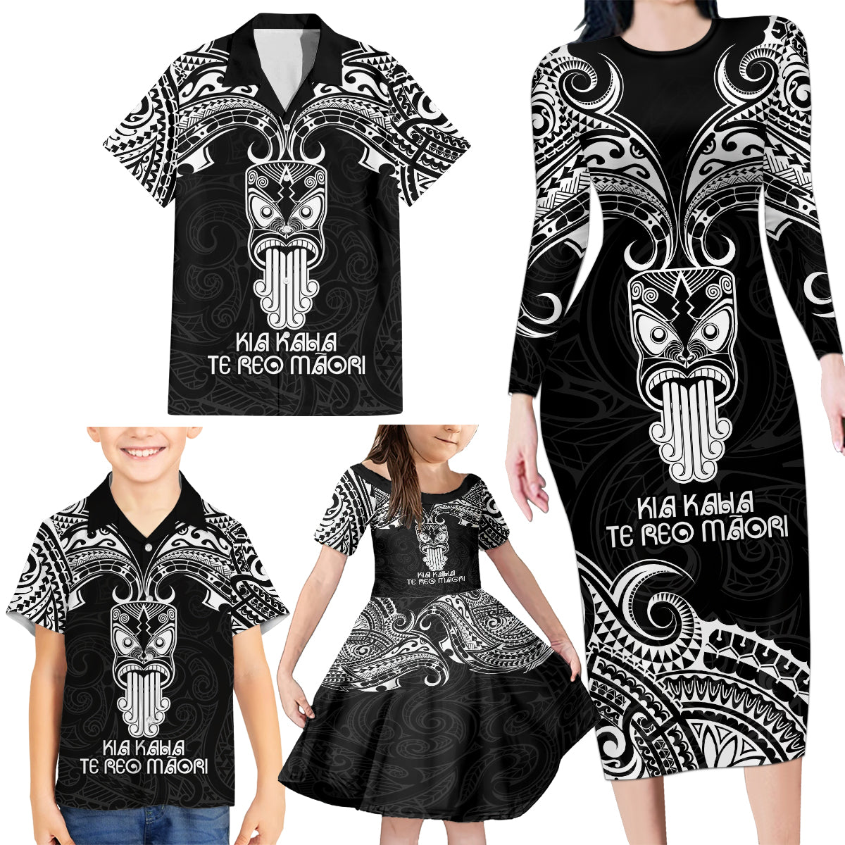 New Zealand Te Reo Maori Family Matching Long Sleeve Bodycon Dress and Hawaiian Shirt Kia Kaha Maori Language Week Black Style LT9 - Wonder Print Shop