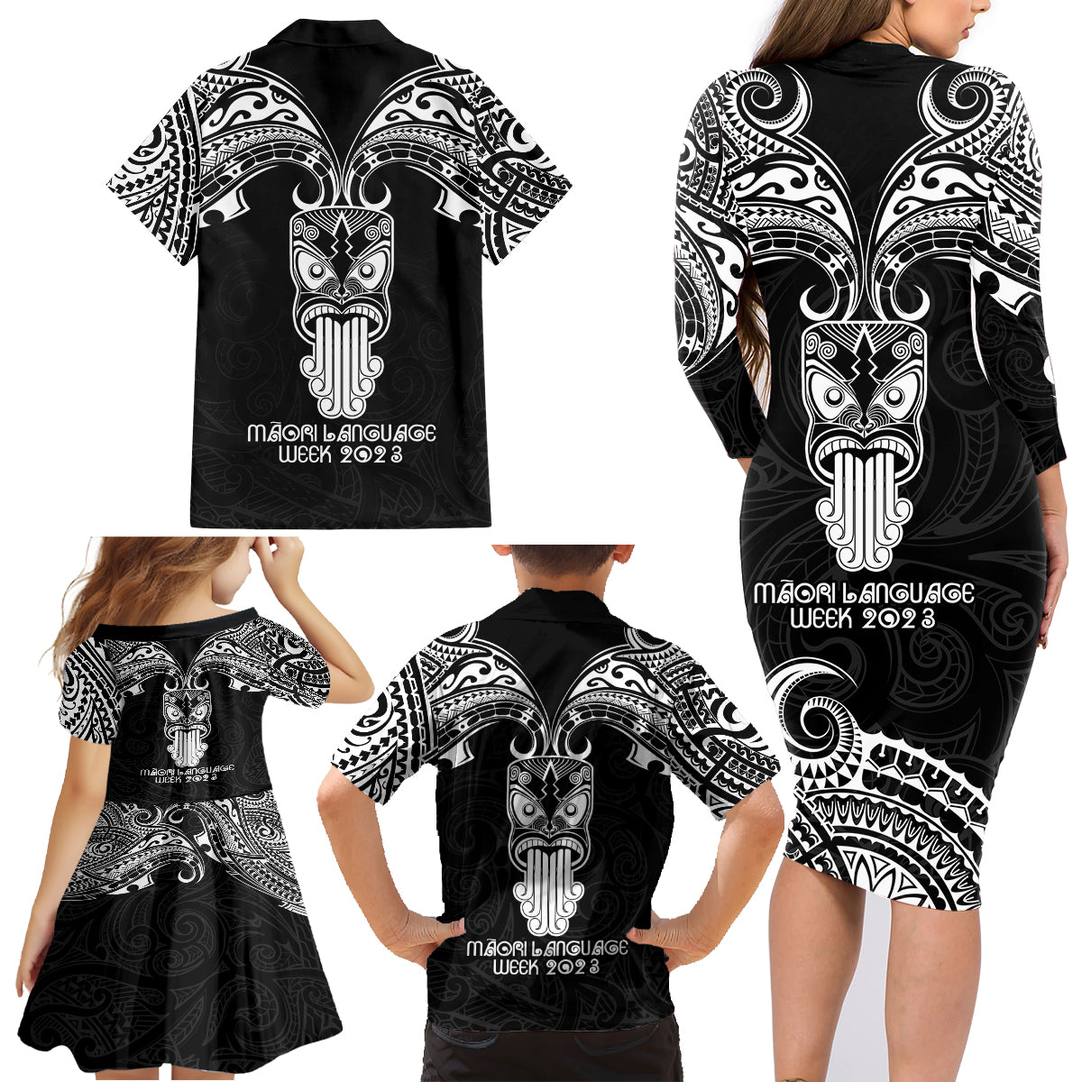 New Zealand Te Reo Maori Family Matching Long Sleeve Bodycon Dress and Hawaiian Shirt Kia Kaha Maori Language Week Black Style LT9 - Wonder Print Shop
