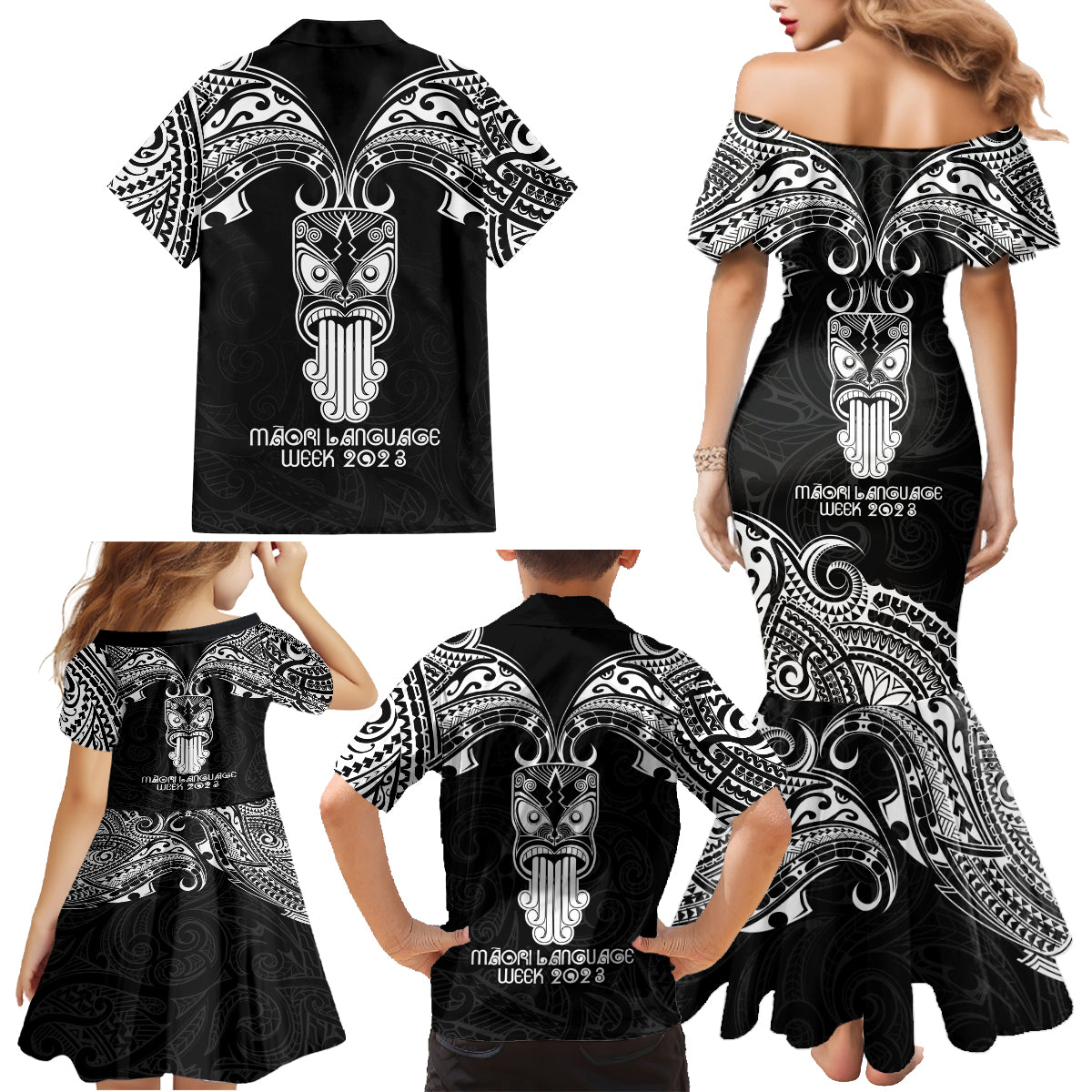 New Zealand Te Reo Maori Family Matching Mermaid Dress and Hawaiian Shirt Kia Kaha Maori Language Week Black Style LT9 - Wonder Print Shop