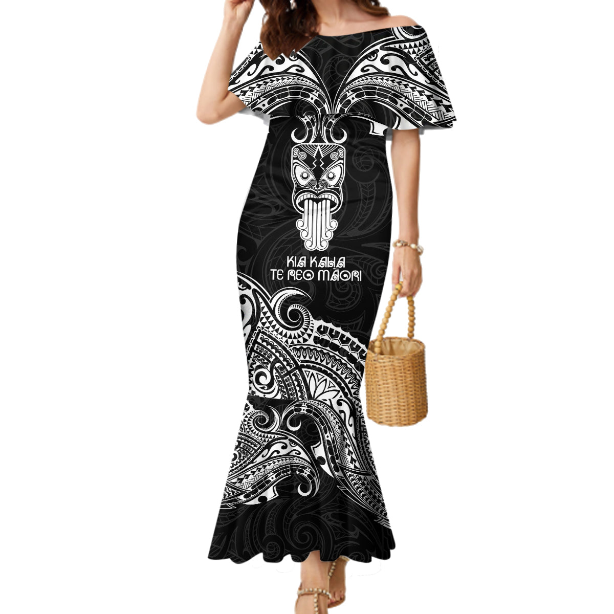 New Zealand Te Reo Maori Family Matching Mermaid Dress and Hawaiian Shirt Kia Kaha Maori Language Week Black Style LT9 - Wonder Print Shop