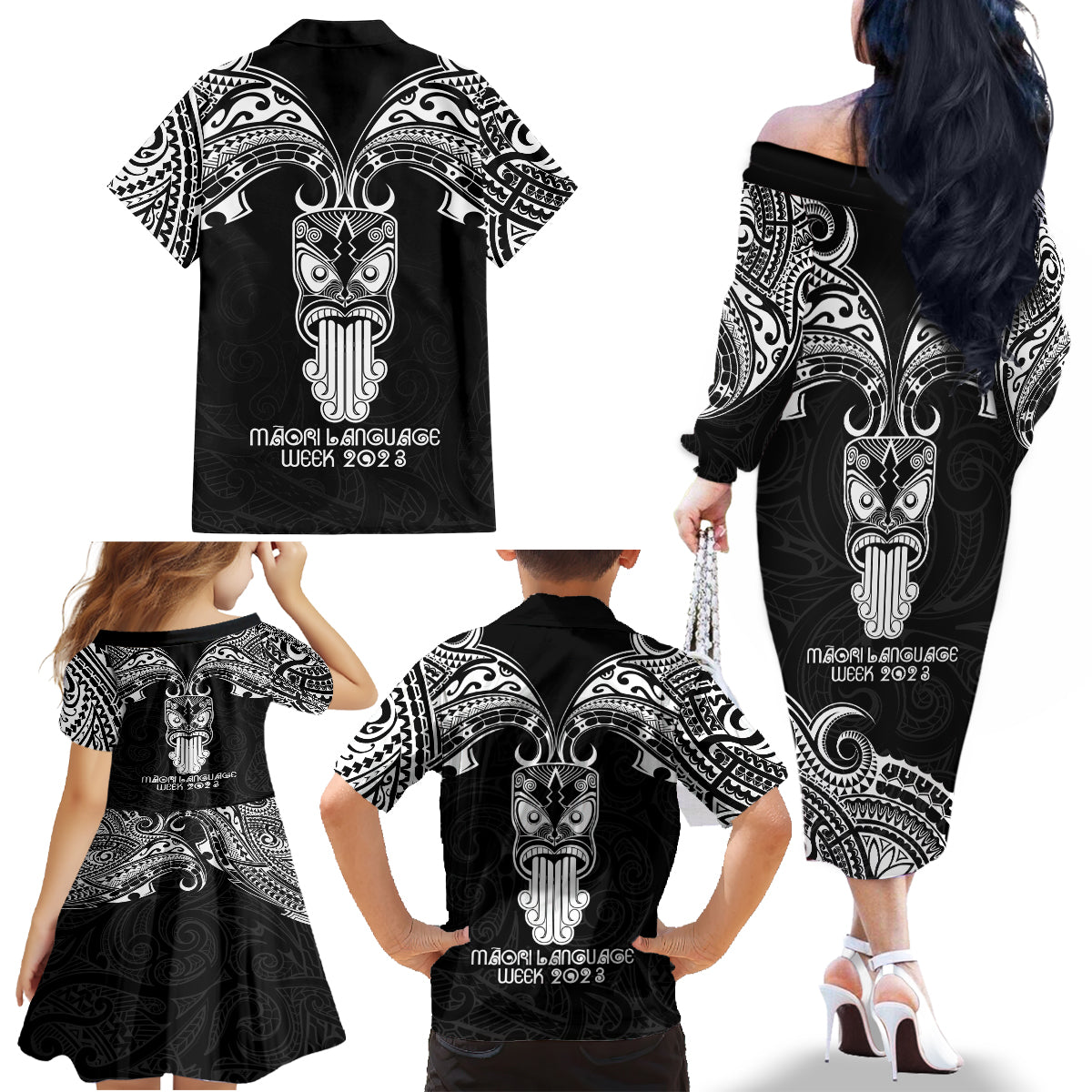 New Zealand Te Reo Maori Family Matching Off Shoulder Long Sleeve Dress and Hawaiian Shirt Kia Kaha Maori Language Week Black Style - Wonder Print Shop