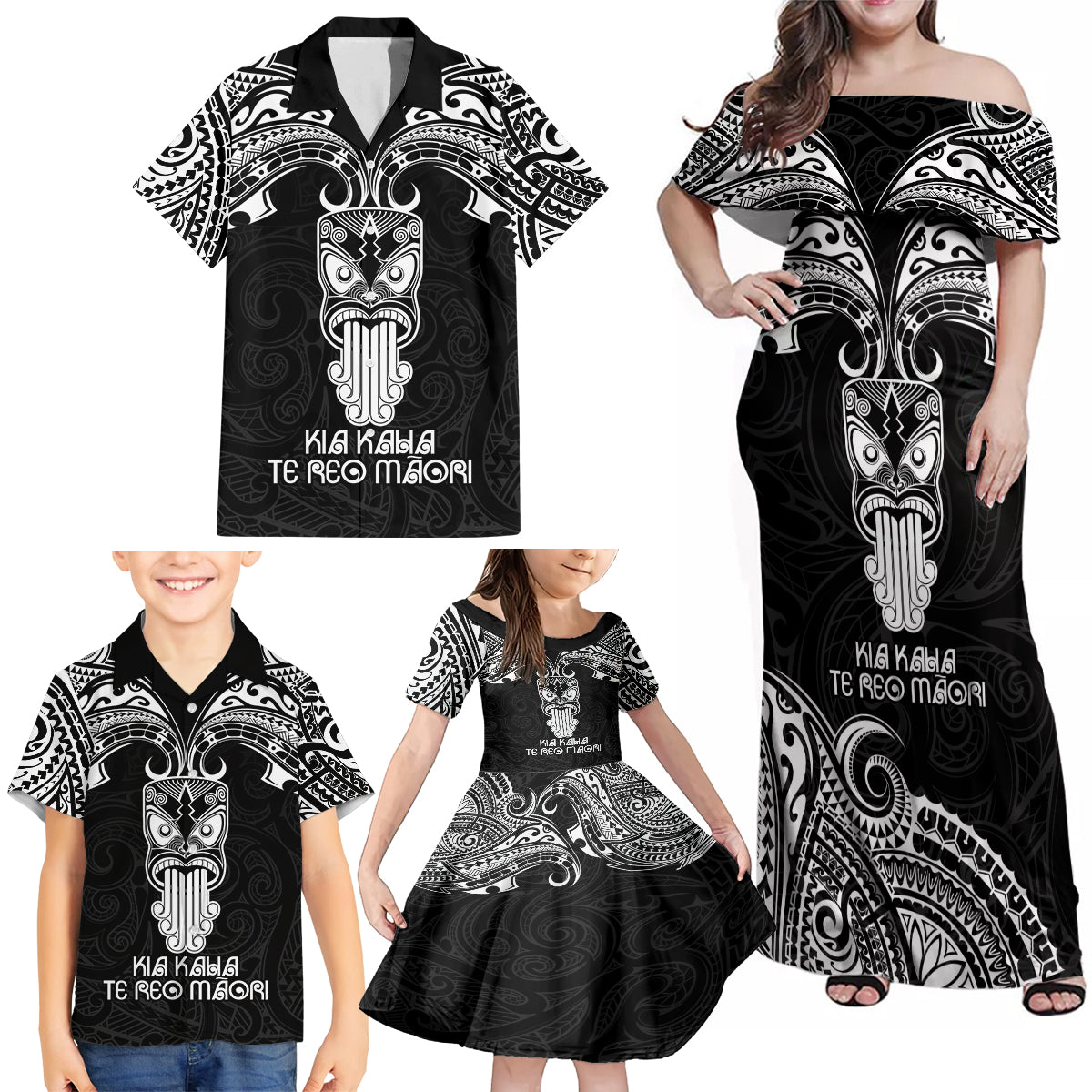 New Zealand Te Reo Maori Family Matching Off Shoulder Maxi Dress and Hawaiian Shirt Kia Kaha Maori Language Week Black Style LT9 - Wonder Print Shop