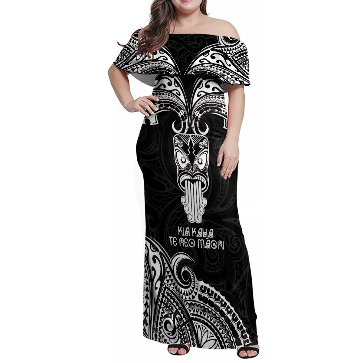 New Zealand Te Reo Maori Family Matching Off Shoulder Maxi Dress and Hawaiian Shirt Kia Kaha Maori Language Week Black Style LT9 - Wonder Print Shop