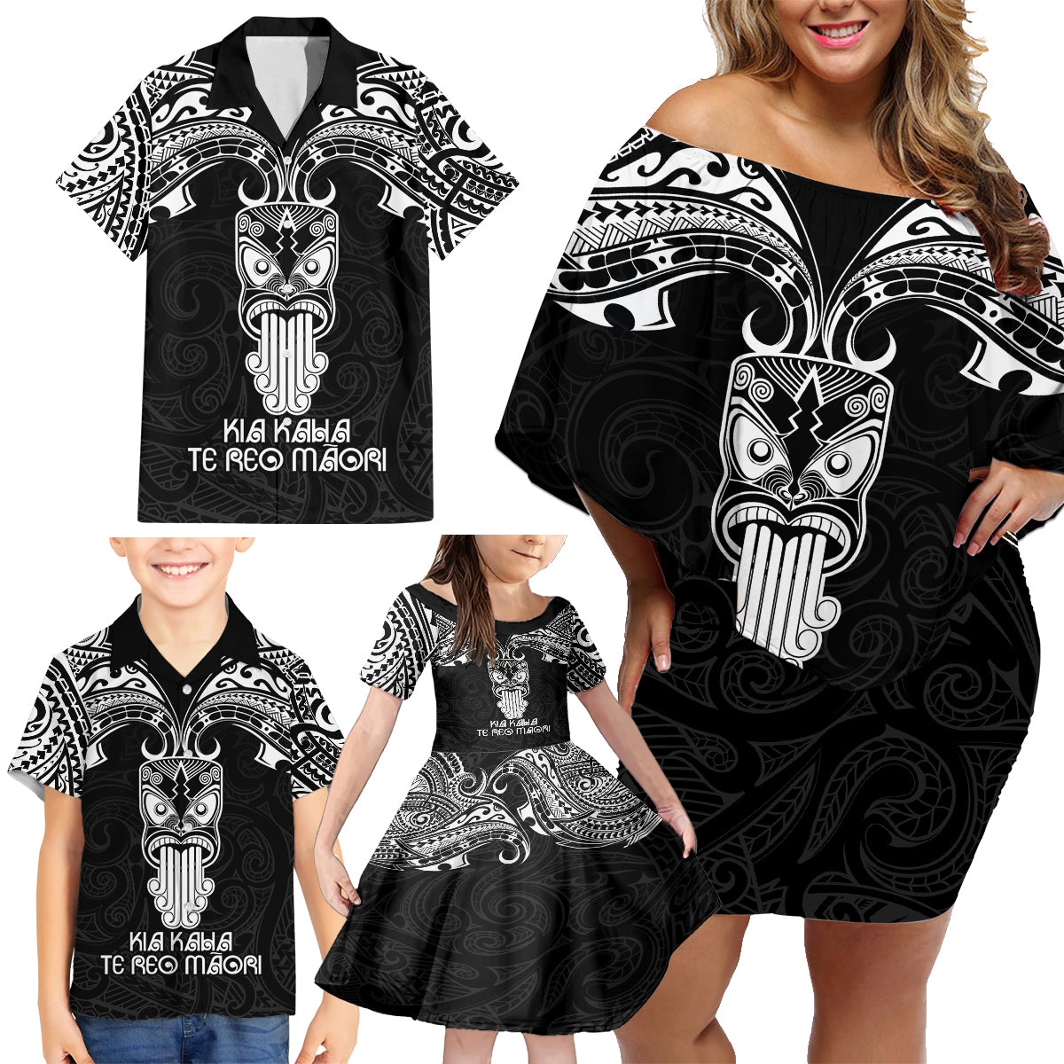 New Zealand Te Reo Maori Family Matching Off Shoulder Short Dress and Hawaiian Shirt Kia Kaha Maori Language Week Black Style LT9 - Wonder Print Shop