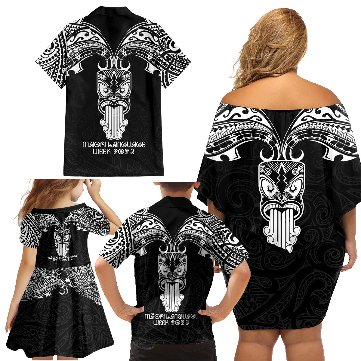 New Zealand Te Reo Maori Family Matching Off Shoulder Short Dress and Hawaiian Shirt Kia Kaha Maori Language Week Black Style LT9 - Wonder Print Shop